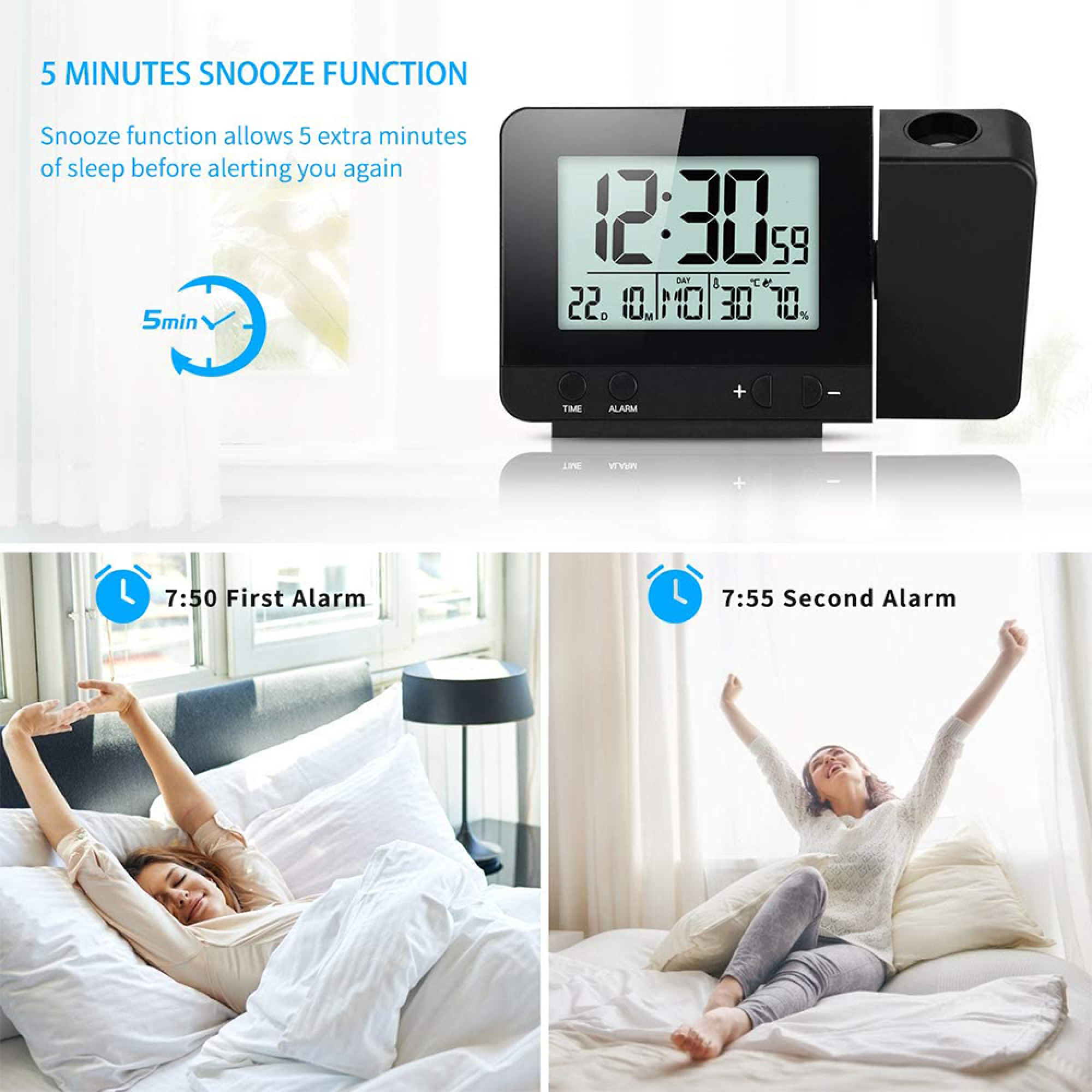 Digitaluhr mit Projektion, Snooze-Funktion und zwei Alarmen.