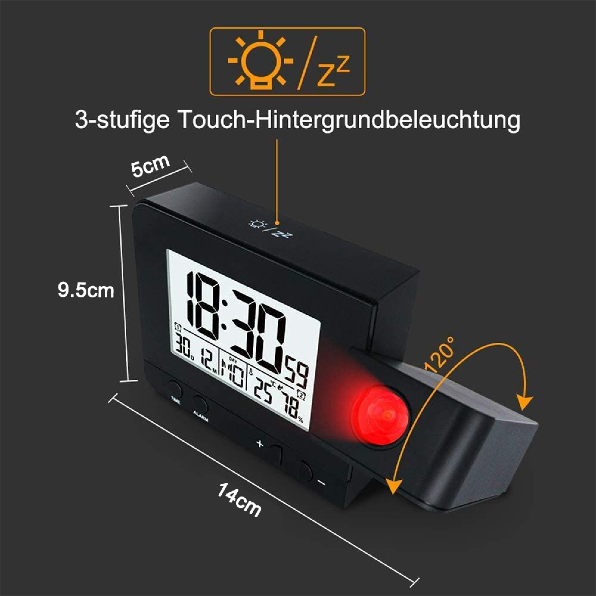 Schwarzer Wecker mit Digitalanzeige und roter Projektion. Maße sind angegeben.