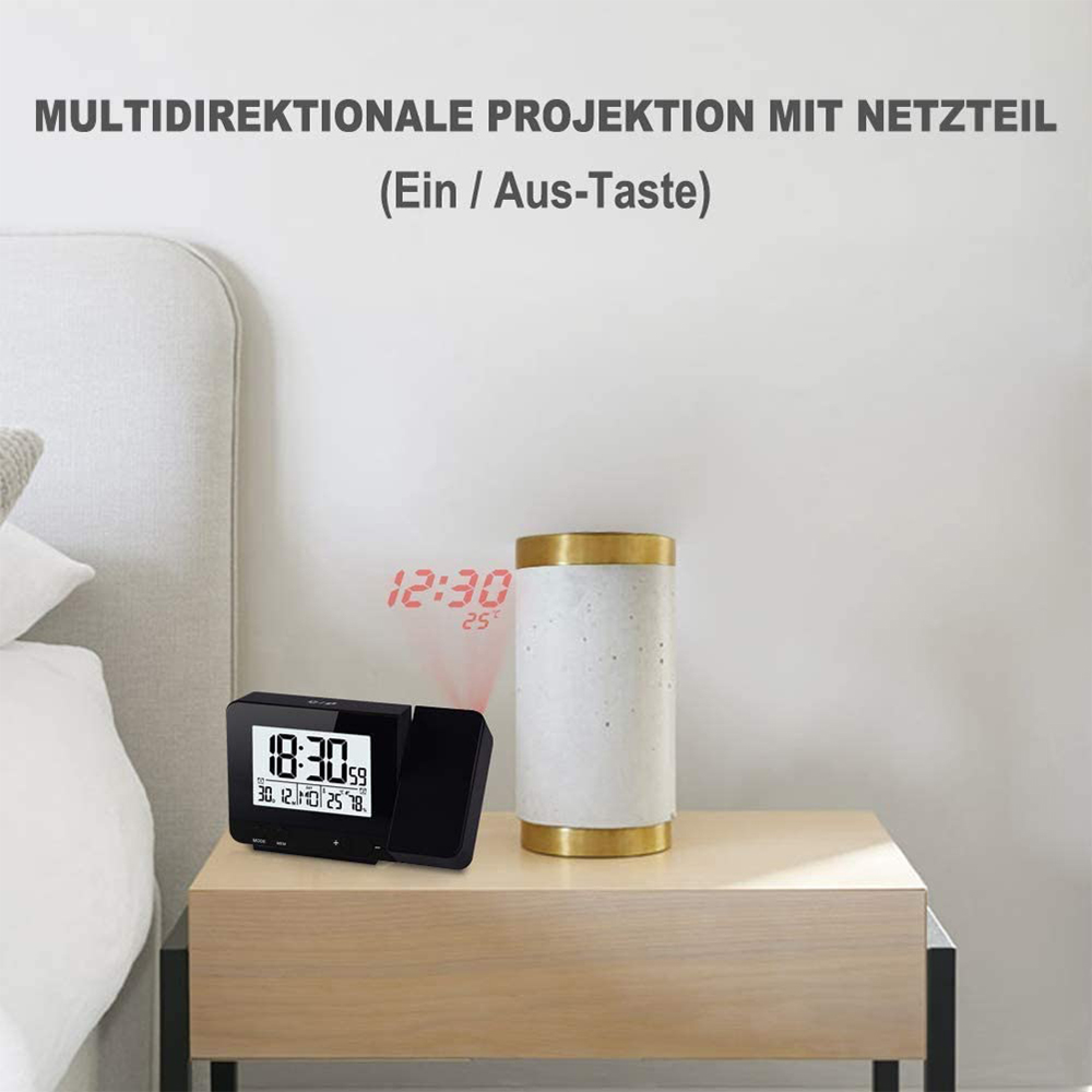 Ein Digitalwecker mit Projektion projiziert die Zeit 12:30 und 25°C.