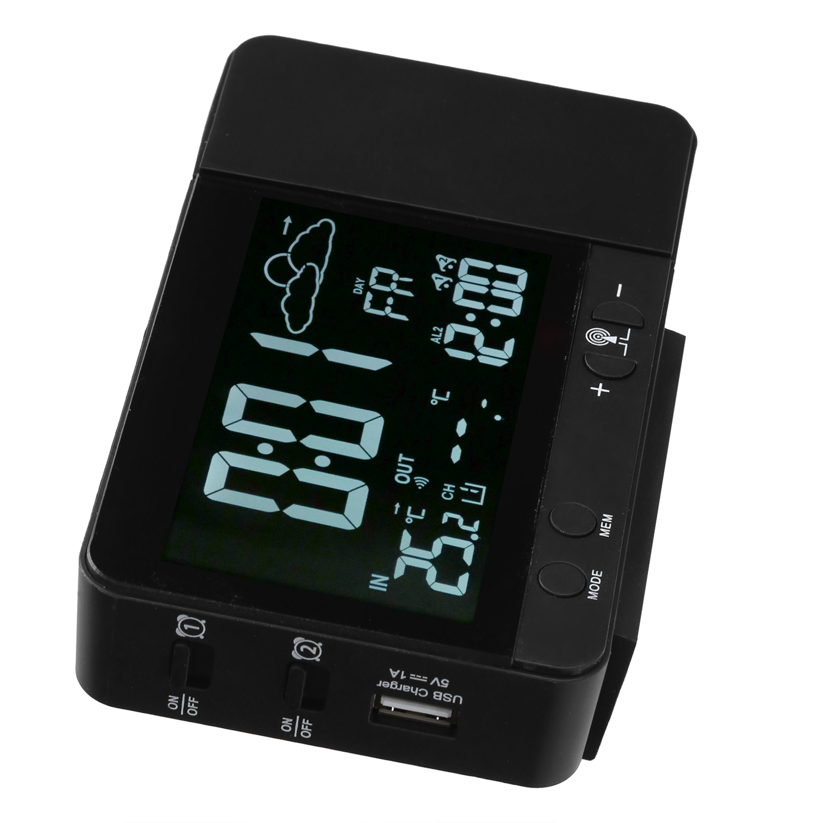 Ein schwarzes digitales Wetterstation mit LCD-Anzeige zeigt Uhrzeit, Datum, Innen- und Außentemperatur.