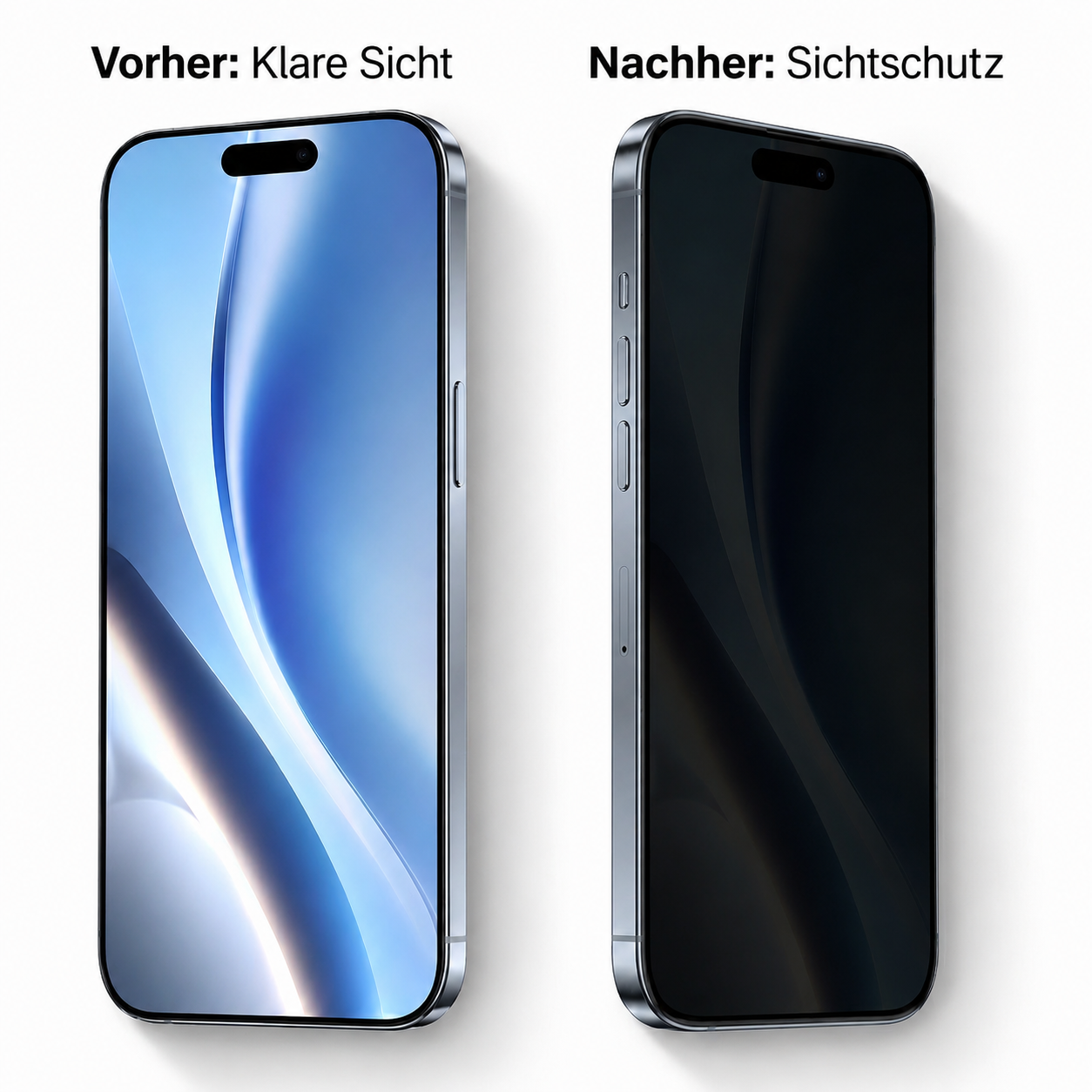 Zwei iPhones nebeneinander. Eines zeigt klare Sicht, das andere Sichtschutz.