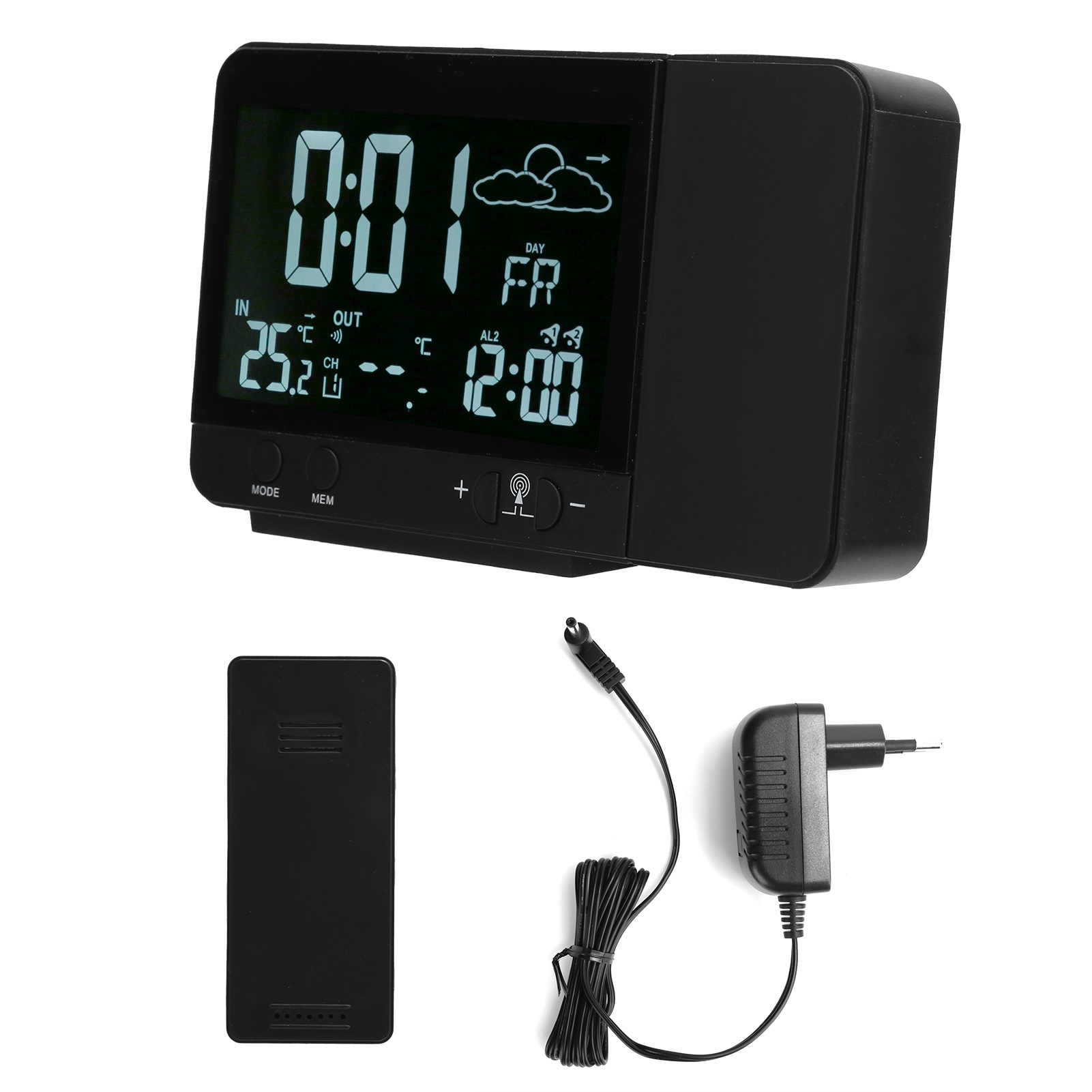Ein schwarzer Projektionswecker mit Netzteilen und einem separaten Sensor.