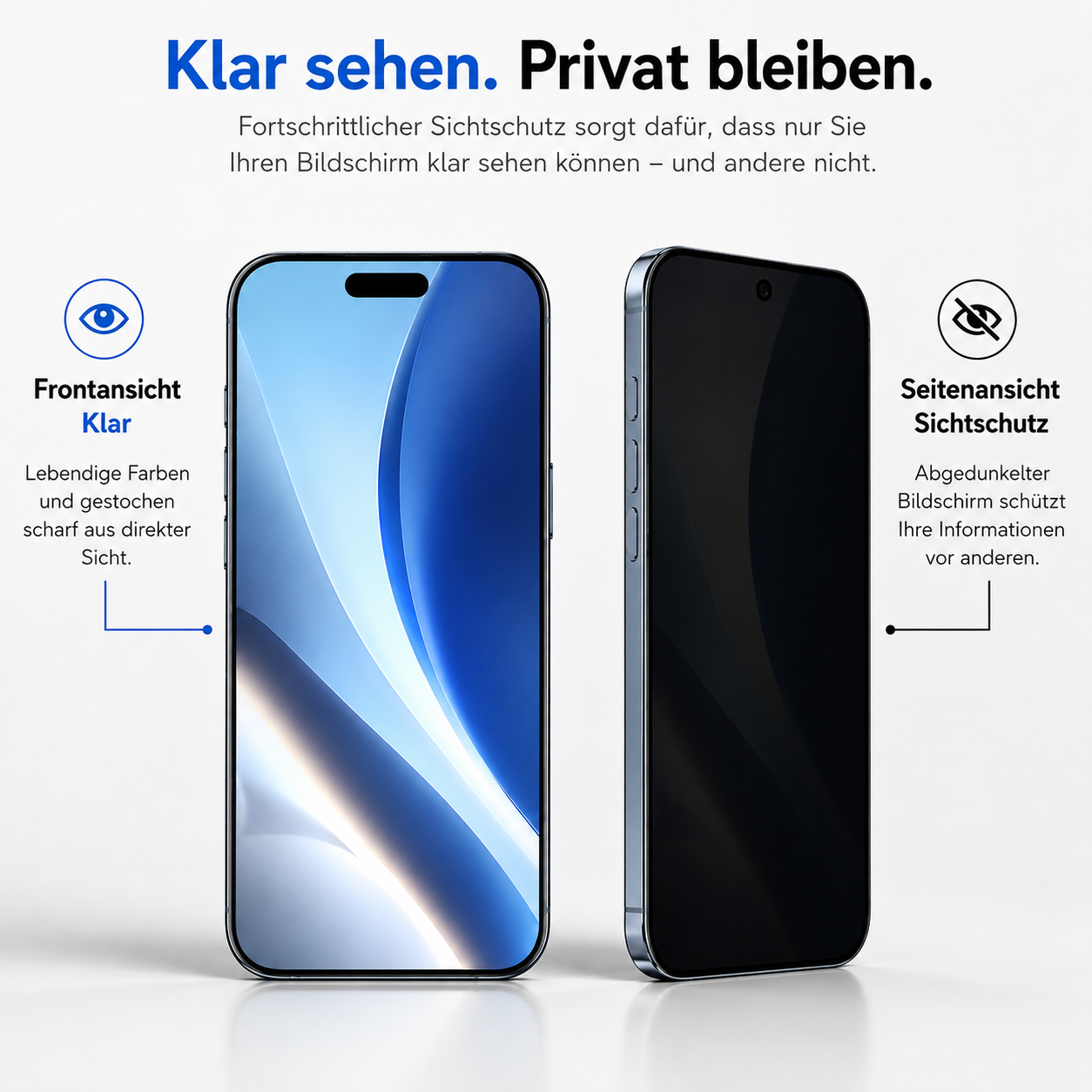 Zwei Handys nebeneinander: eins mit klarem, eins mit abgedunkeltem Bildschirm.