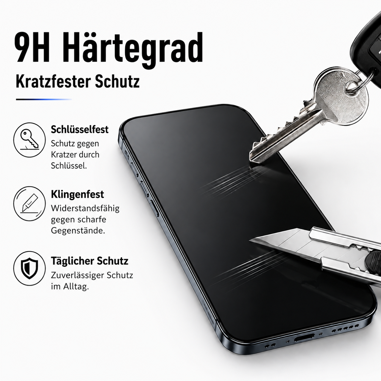 Ein Handy-Schutzdisplay wird von einem Schlüssel und einem Cuttermesser getestet.