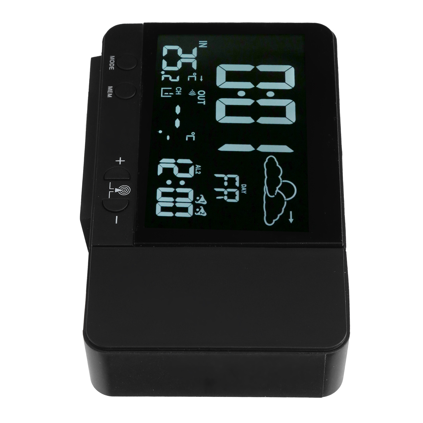 Schwarzes digitales Thermometer mit blauer Anzeige für Innen- und Außentemperatur.