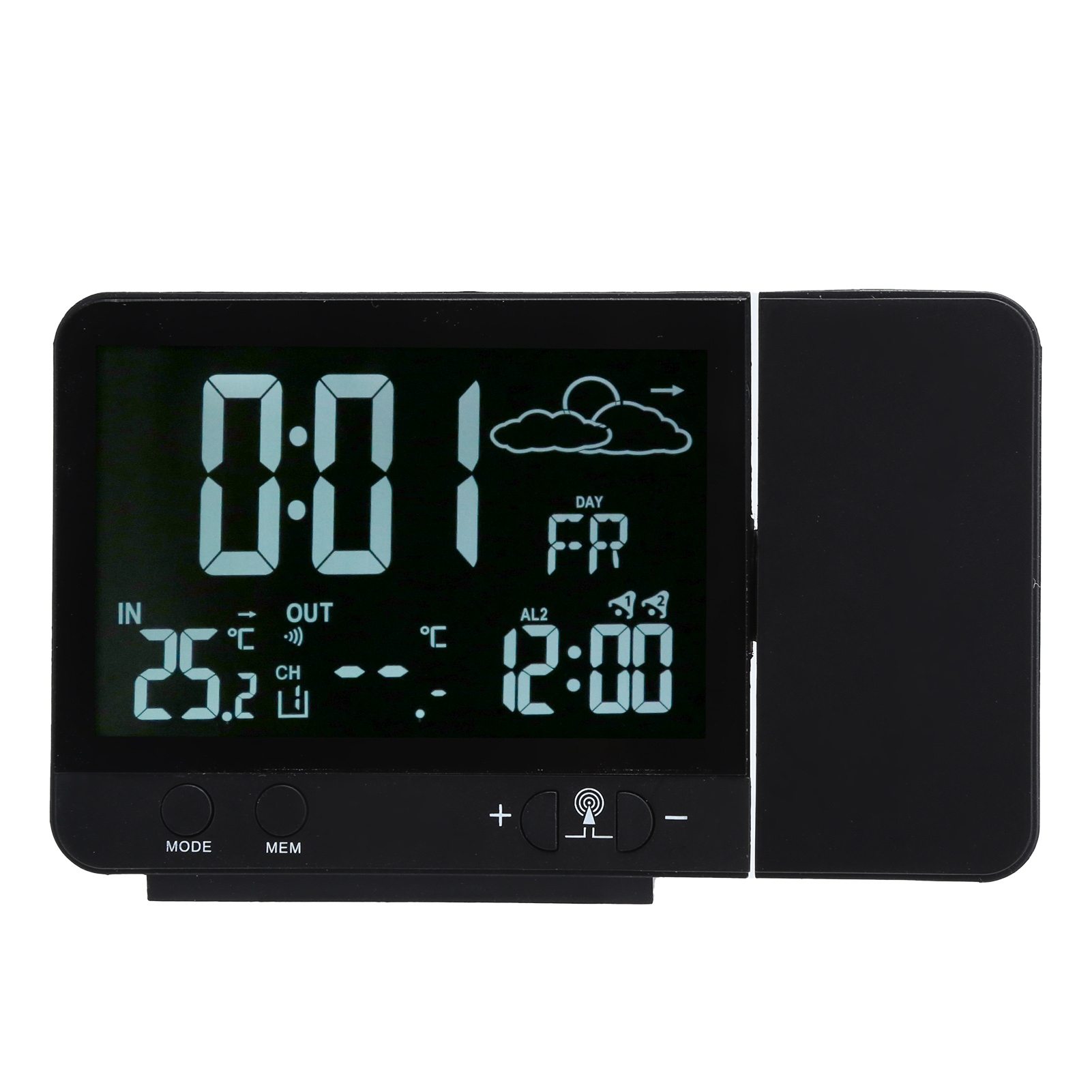 Digitaluhr zeigt 00:01, 25,2°C innen, 12:00 Uhr und Wetter.