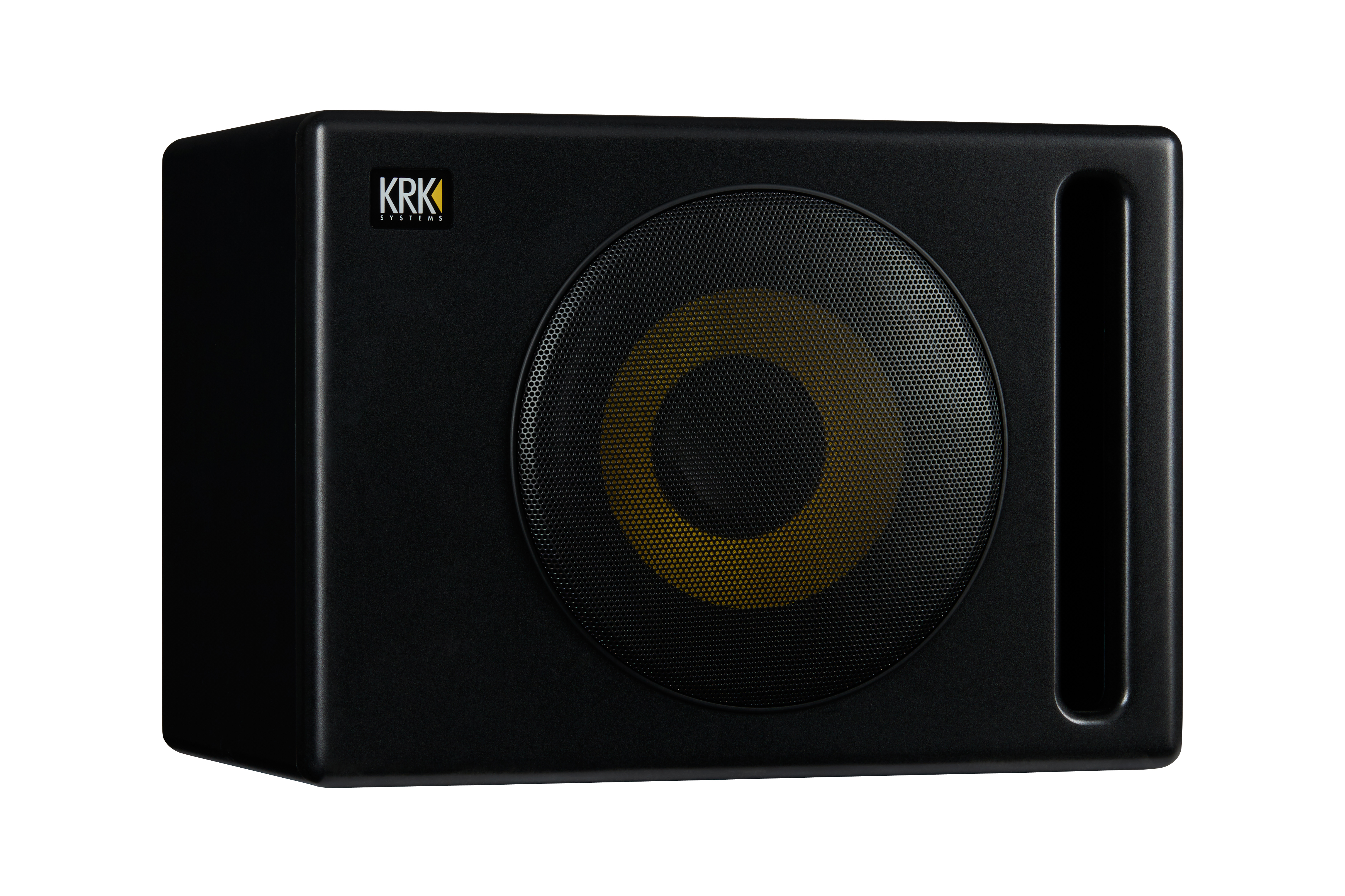 Subwoofer nero con cono giallo e griglia nera, logo KRK in alto a sinistra.