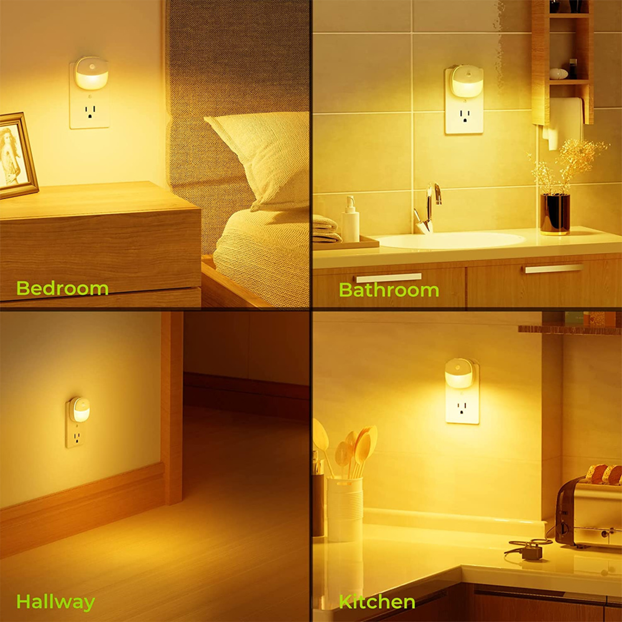 Vier Szenen zeigen Nachtlichter in Schlafzimmer, Bad, Flur und Küche.