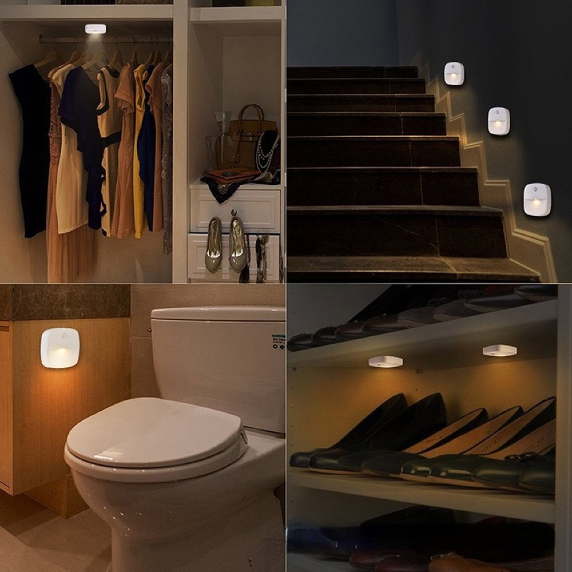 Kleine Lichter in einem Schrank, auf Treppen, im Bad und in einem Schuhregal.