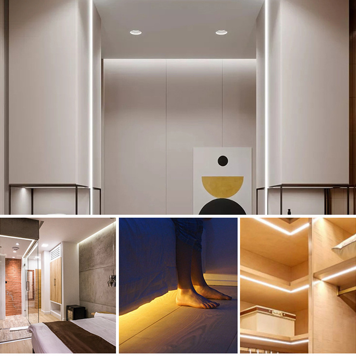 Collage von Räumen mit moderner LED-Streifenbeleuchtung, die architektonische Merkmale betont.