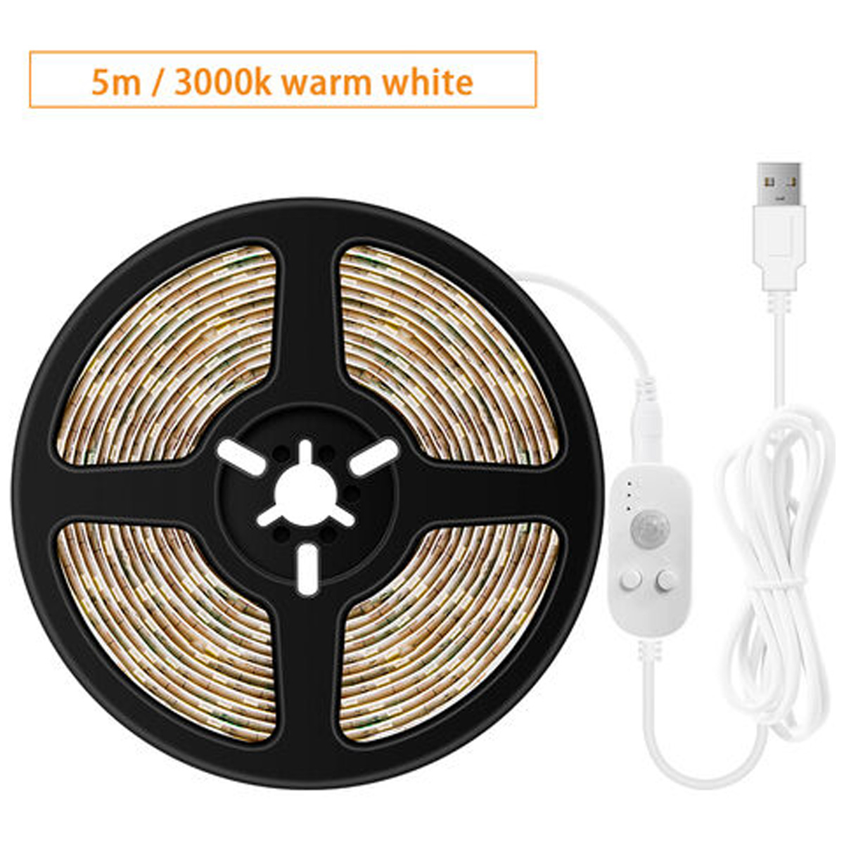 5m warmweiße LED-Streifen auf schwarzer Spule mit USB-Kabel und Sensor.