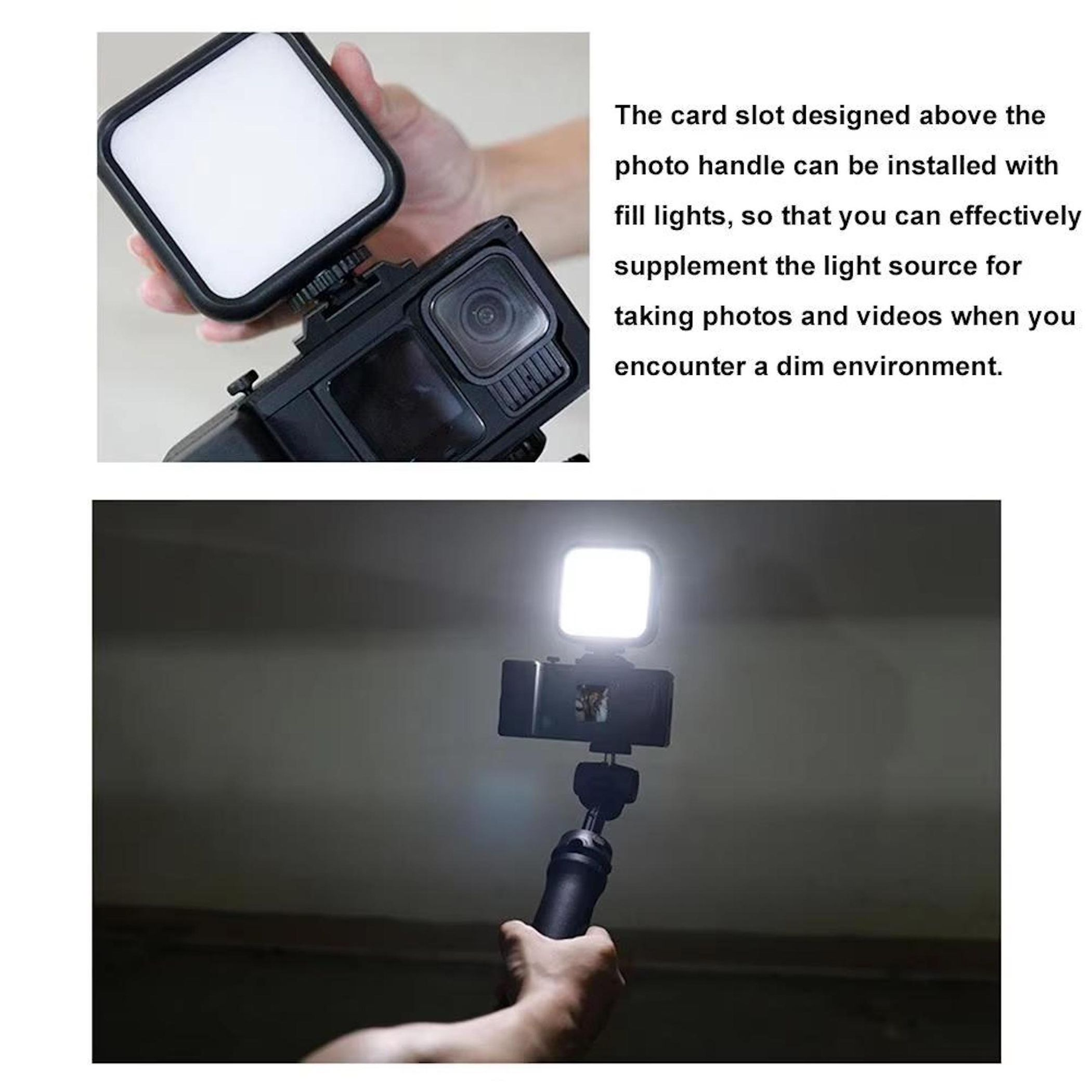 Eine Hand hält ein Smartphone mit Licht auf einem Griff. Dies beleuchtet eine dunkle Szene.