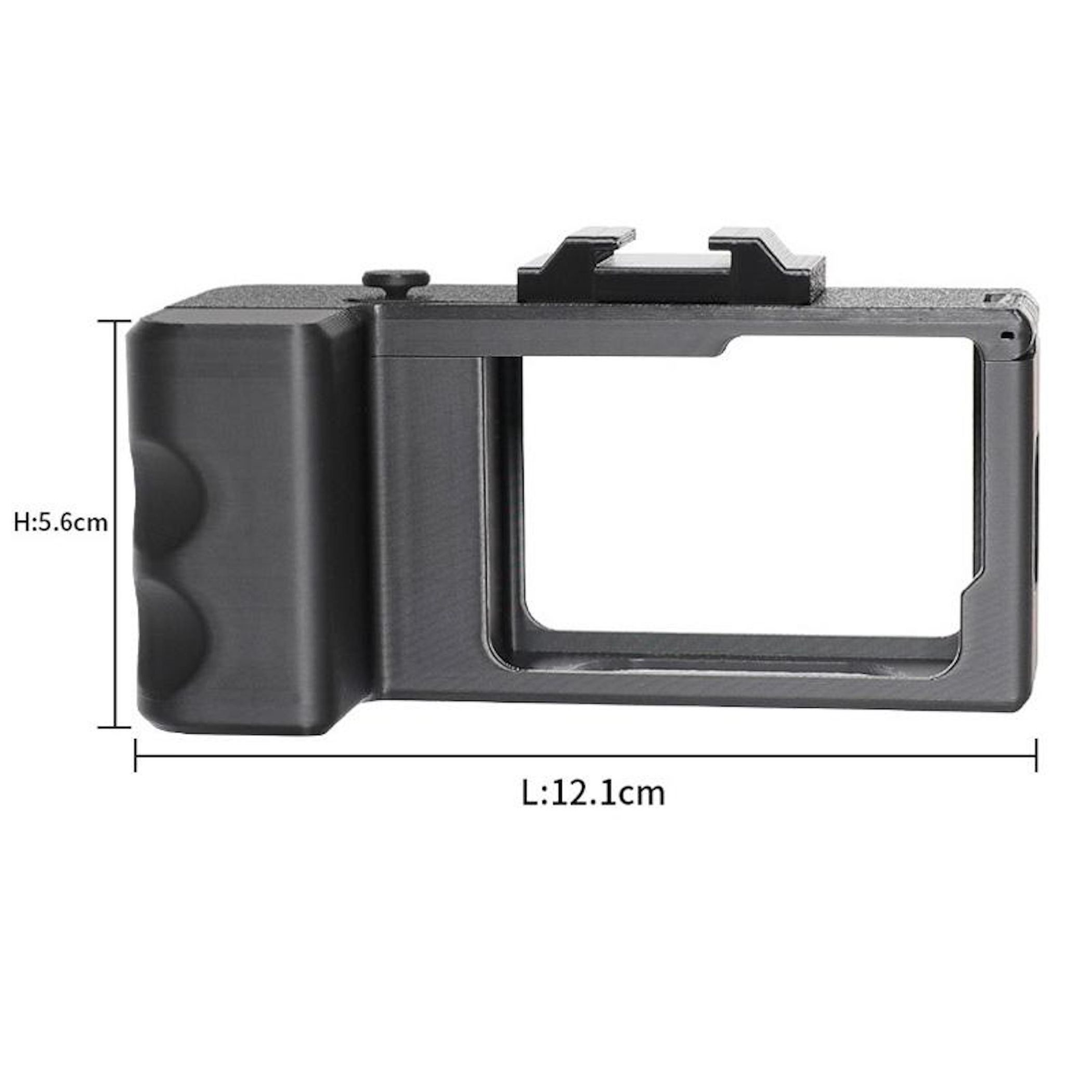 Schwarze Kamerakäfig mit Maßen L:12,1cm, H:5,6cm. Mit Cold-Shoe-Halterung.