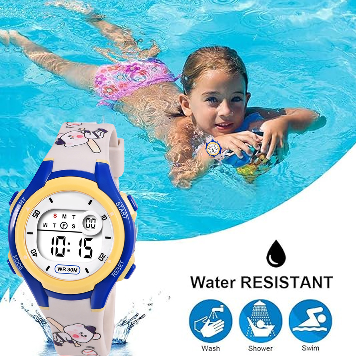 Ein Kind schwimmt im blauen Wasser, daneben eine wasserdichte Uhr.