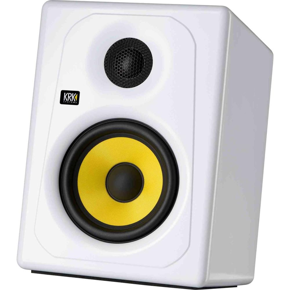 Diffusore KRK bianco con woofer giallo e tweeter nero. Monitor da studio.