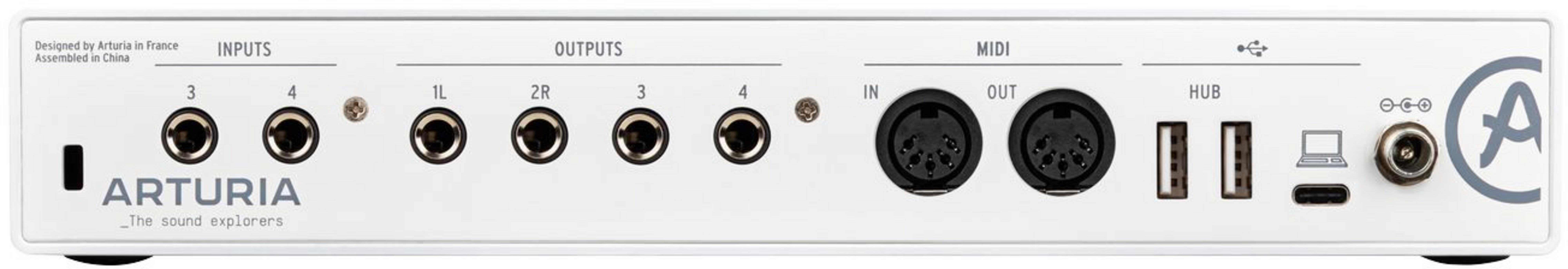 Weiße Arturia-Audio-Schnittstelle mit Anschlüssen: 4x Klinke, 2x MIDI, 2x USB, 1x Strom.