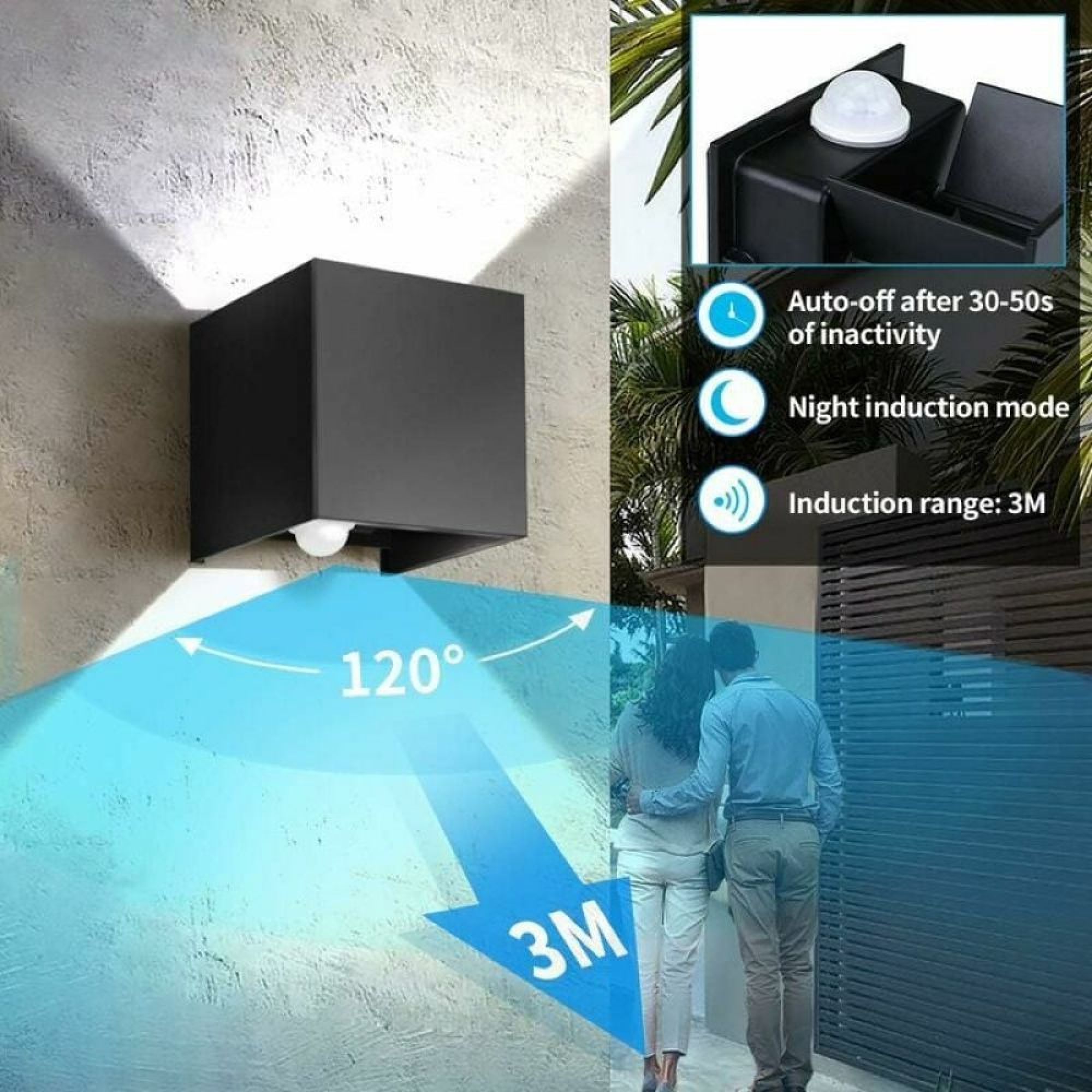 Schwarze Wandleuchte mit Bewegungsmelder, 120° Erfassung, 3m Reichweite.