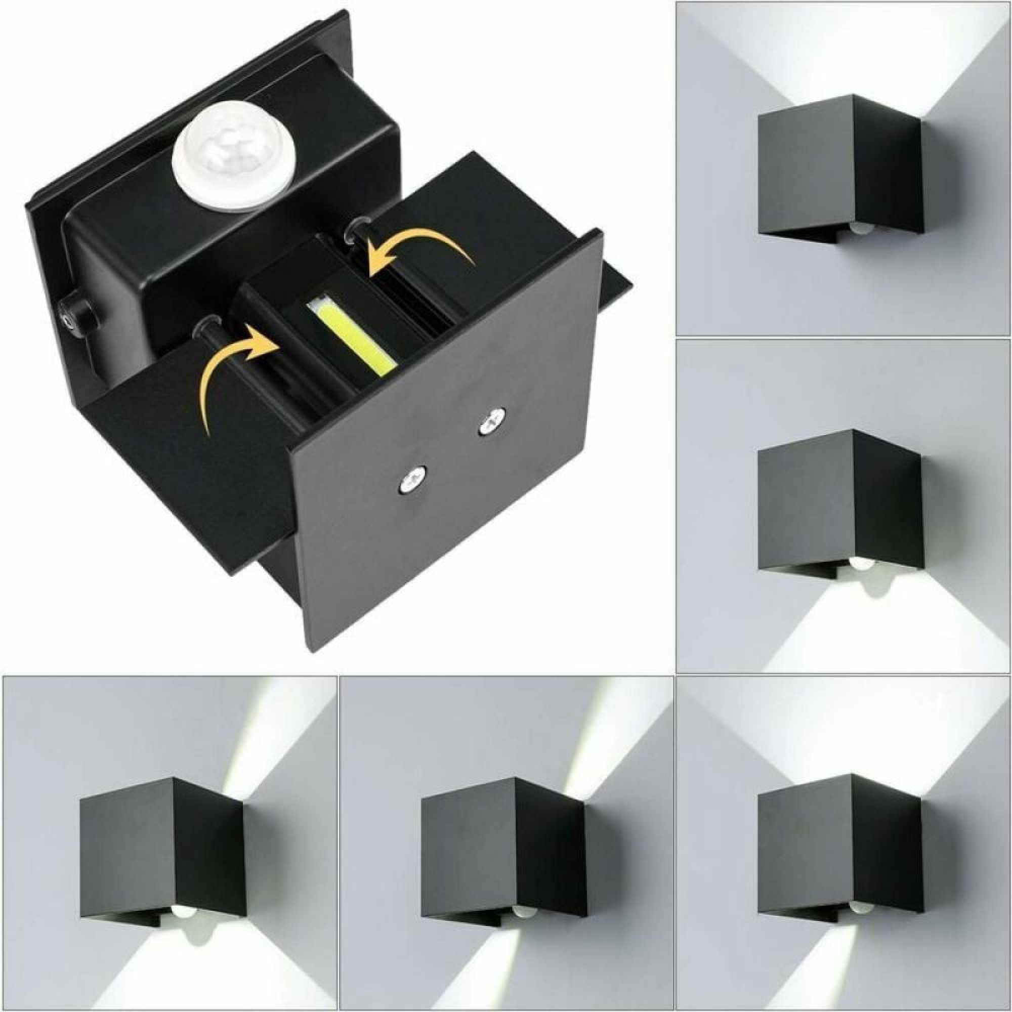 Ein schwarzer Kubus-Wandleuchter mit Sensor wird gezeigt.