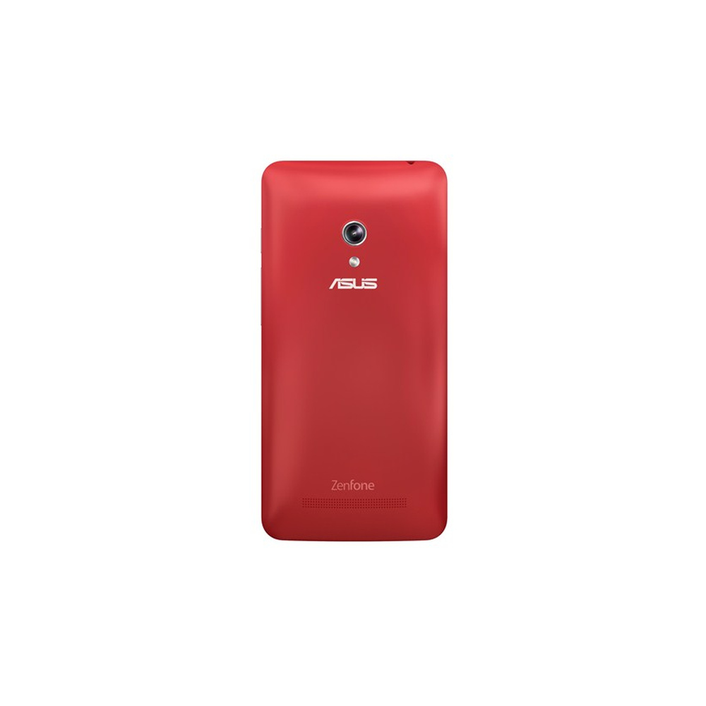 Rotes Asus Zenfone Smartphone mit Kamera und Lautsprechern auf der Rückseite.