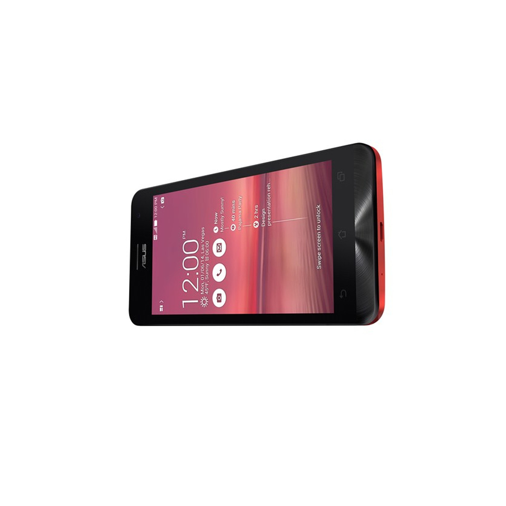 Schwarzes Smartphone mit roten Akzenten, das auf der Seite liegt. Bildschirm zeigt Uhrzeit und Wetter.