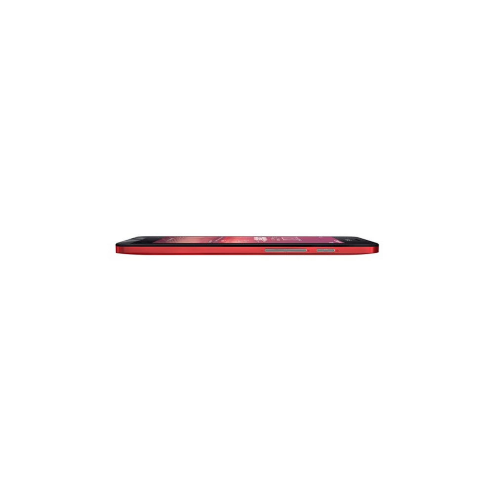 Ein rotes Smartphone liegt auf der Seite, der Bildschirm ist eingeschaltet.