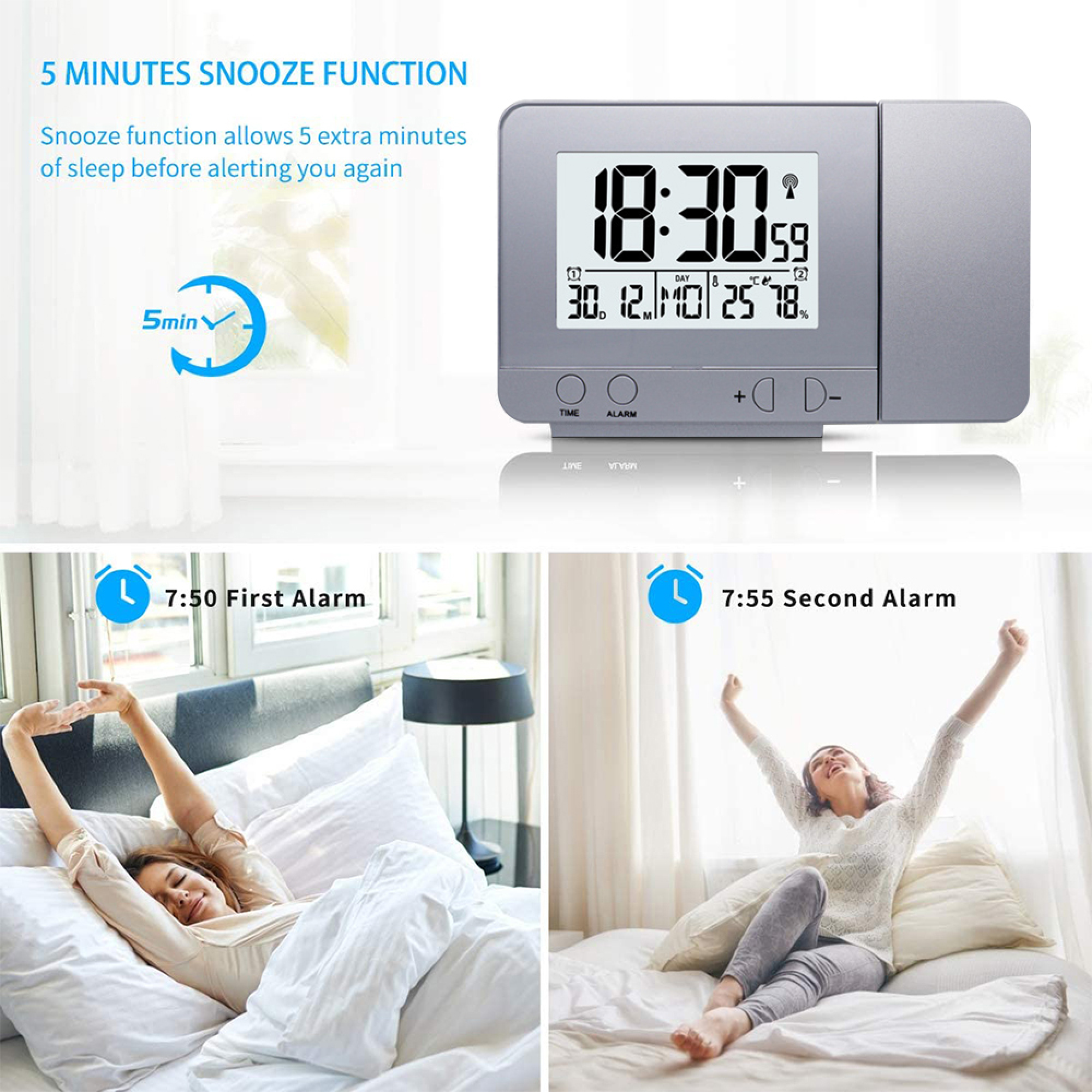 Wecker mit Snooze-Funktion, zwei Frauen, die aufwachen.