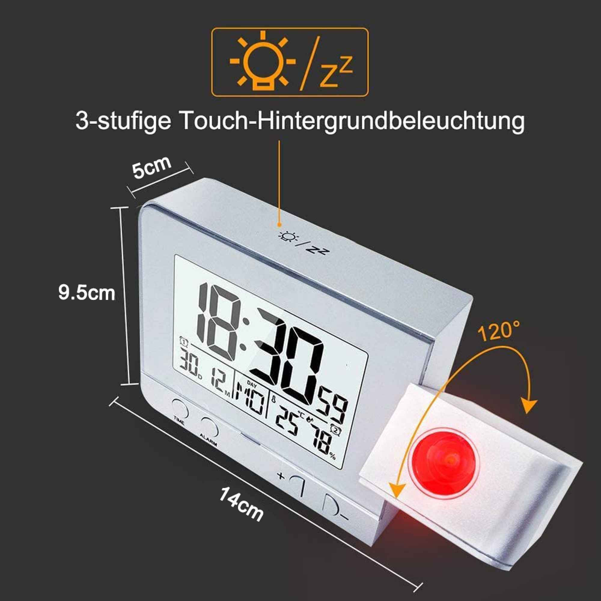 Silberner Digital-Wecker mit großem Display für Zeit, Datum, Temperatur und Luftfeuchtigkeit.