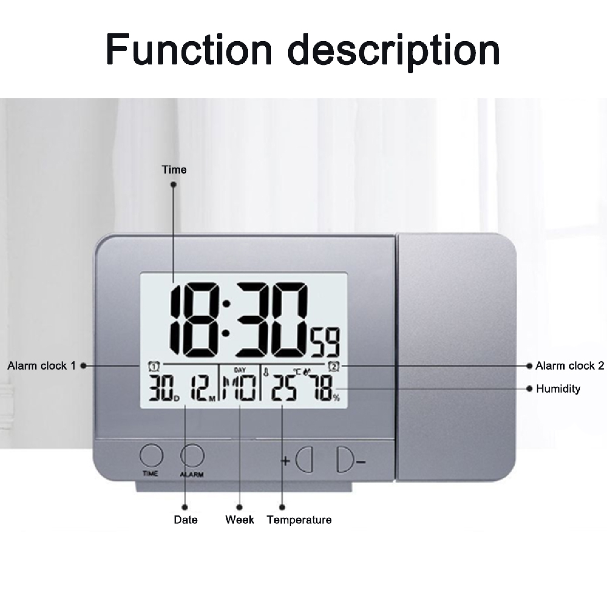 Silberne Digitaluhr zeigt Zeit, Datum, Temperatur und Luftfeuchtigkeit an.