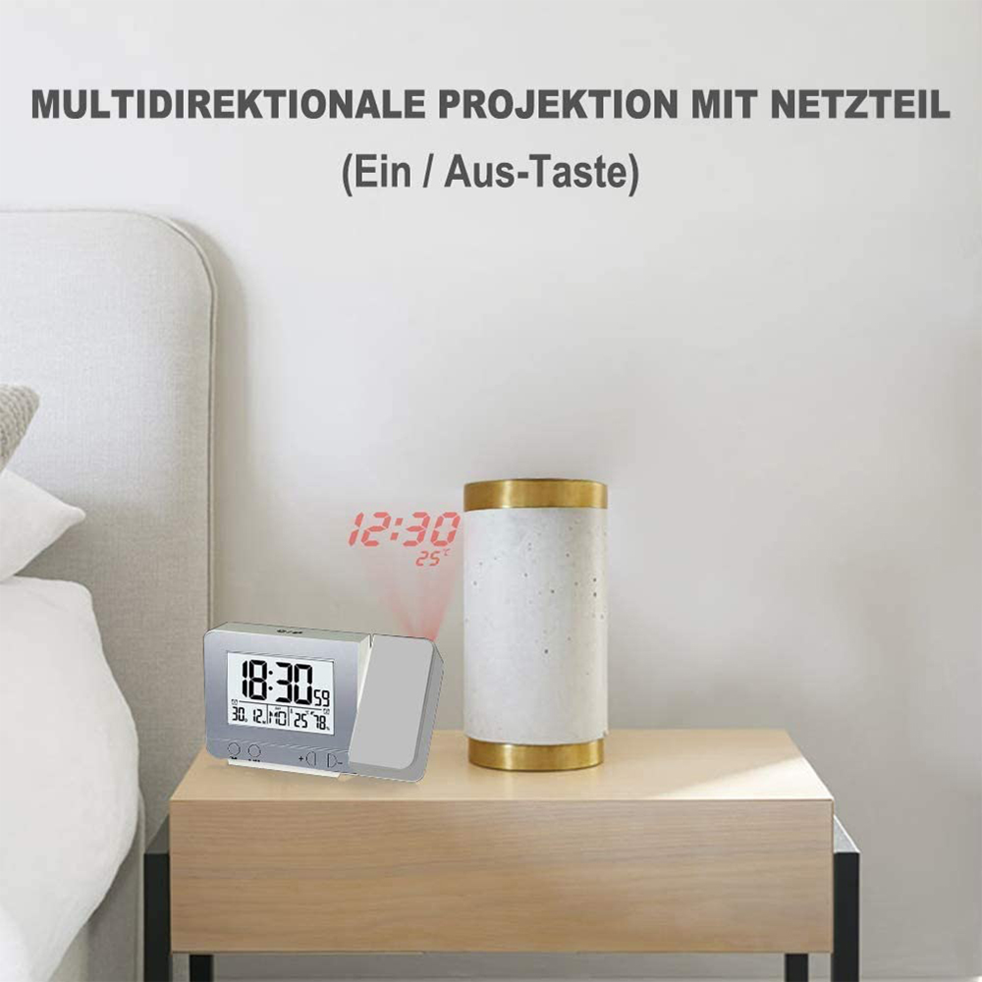 Digitaluhr mit Projektion auf der Wand, zeigt 12:30 und 25 Grad.