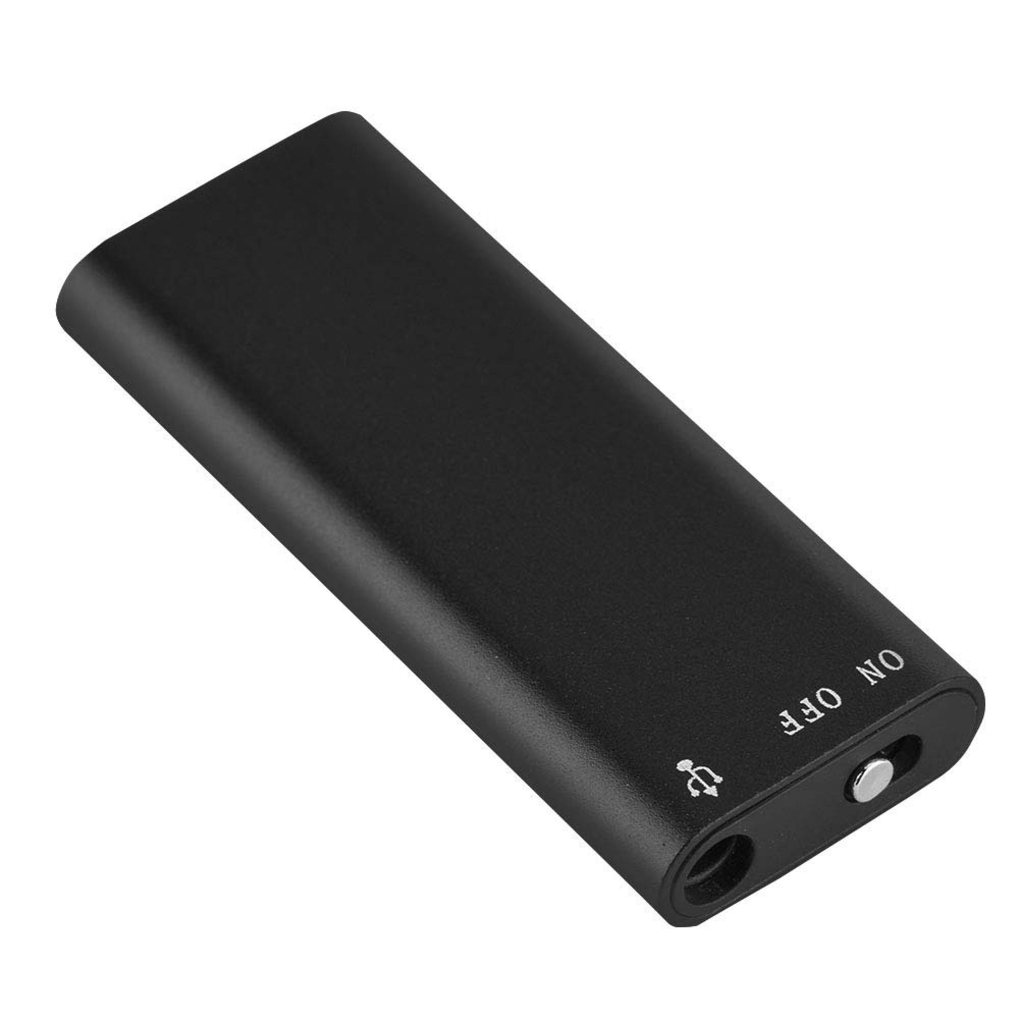 Schwarzer tragbarer Rekorder mit USB-Anschluss und Ein-/Ausschalter.