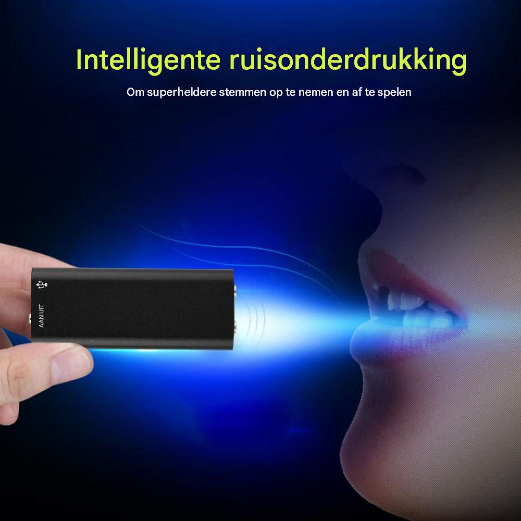 Ein schwarzes Aufnahmegerät wird von einer Hand gehalten, Schallwellen gehen zur Person.