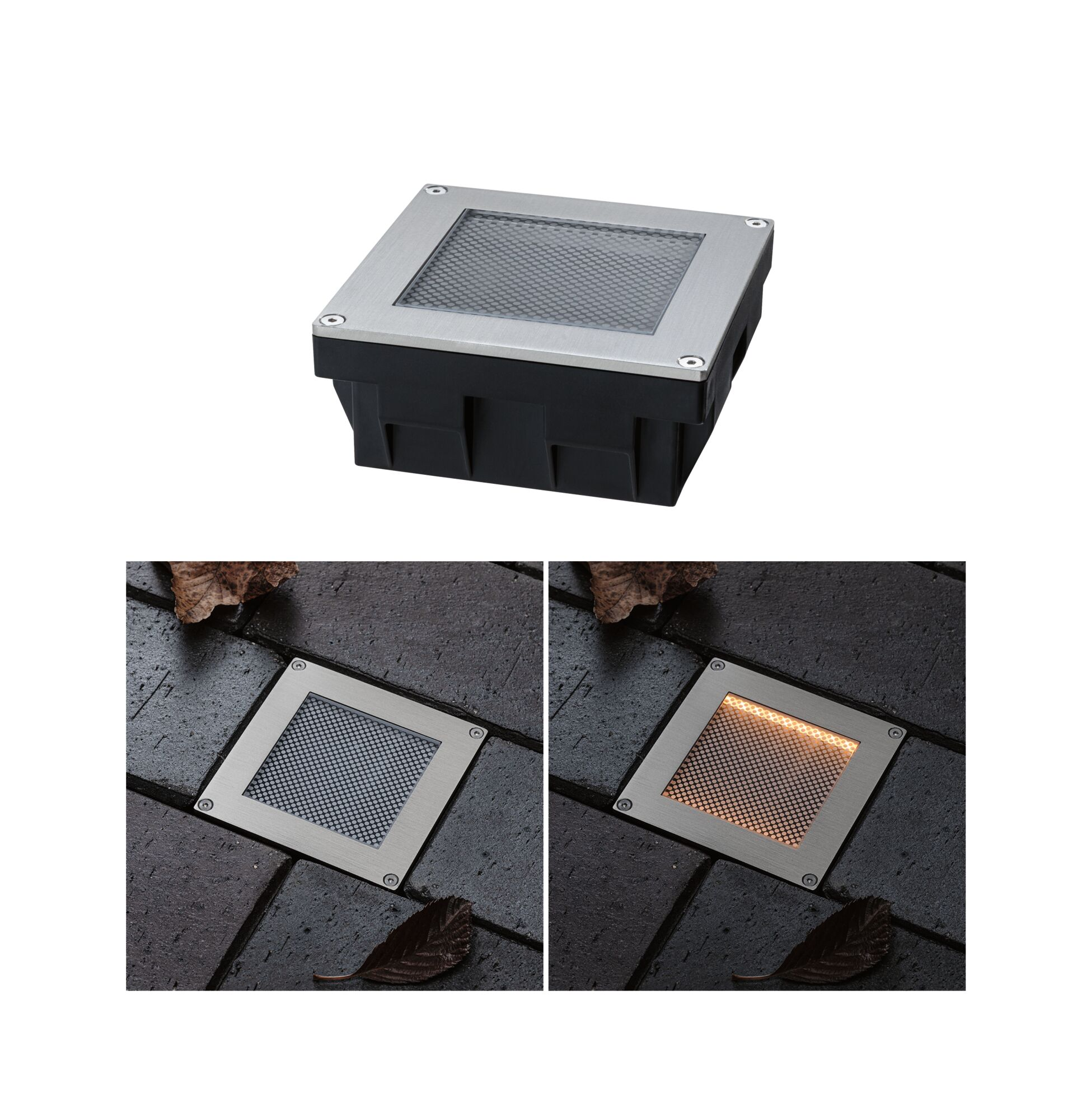 Quadratische Einbauleuchte mit Metallrahmen, einmal aus und einmal mit warmem Licht.
