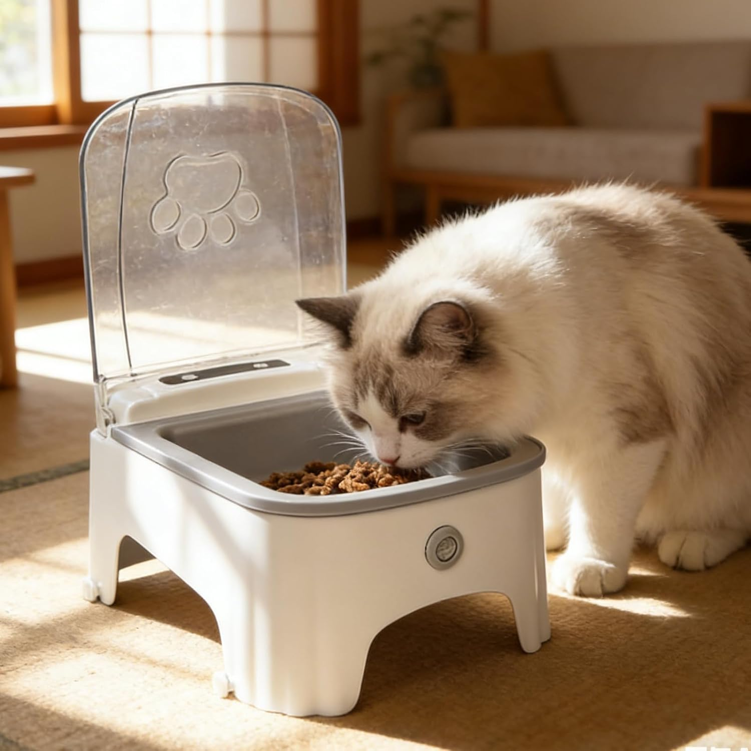Eine Katze frisst aus einem weißen Futterspender mit transparentem Deckel.