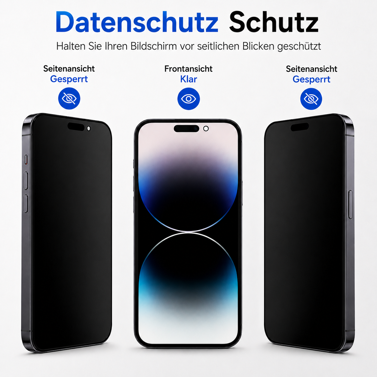Drei Handys: Zwei von der Seite mit Sichtschutz, eins von vorne klar sichtbar.