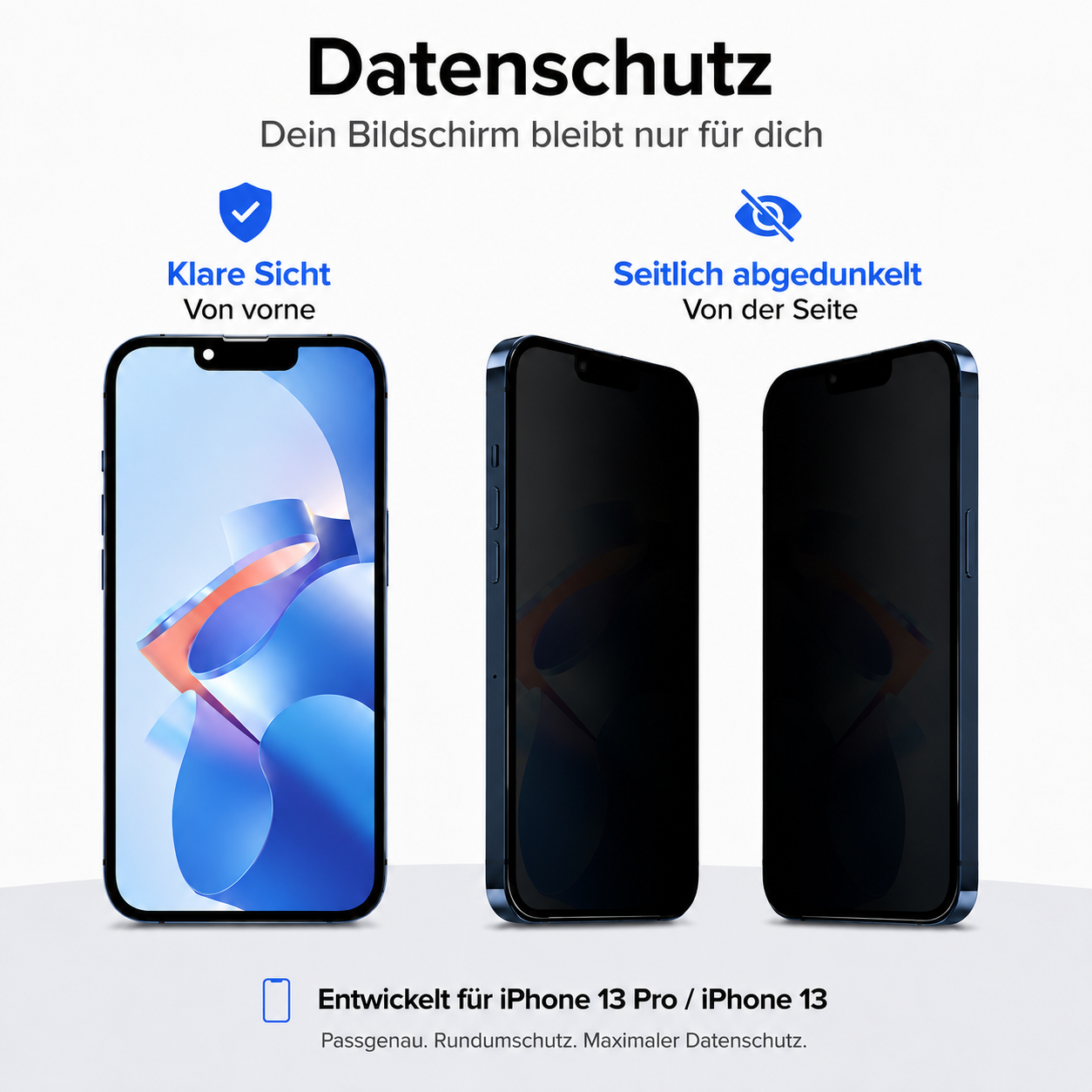 Drei iPhones: eins zeigt klare Sicht, zwei sind seitlich abgedunkelt. Datenschutz.