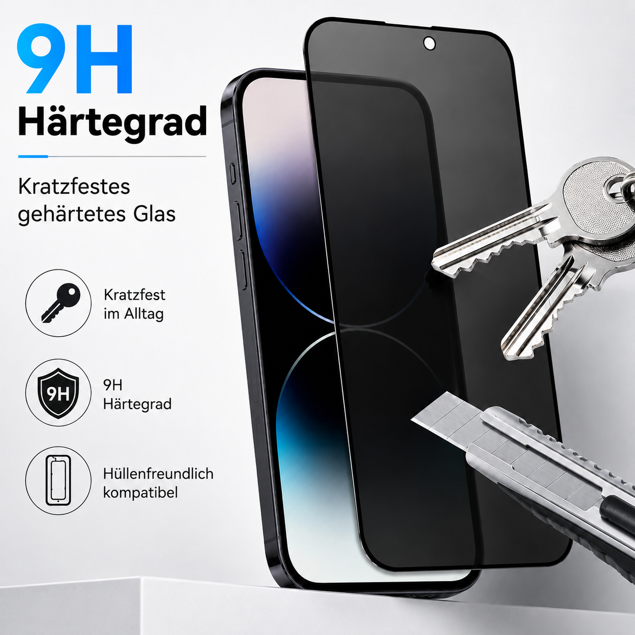 Displayschutzfolie 9H Härtegrade, kratzfestes Glas mit Schlüsseln und Cutter.