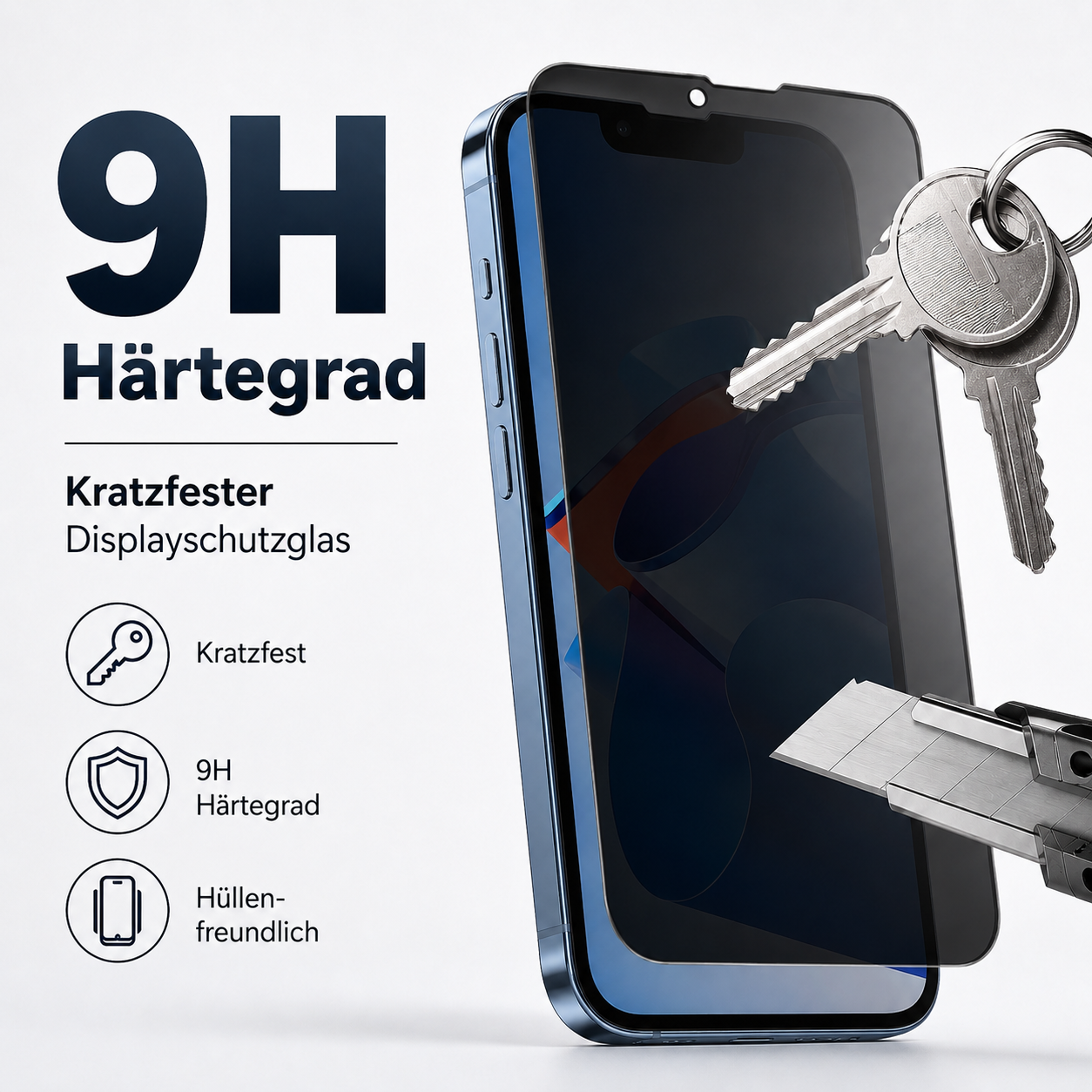9H Härtegrad: Kratzfestes Displayglas mit Schlüsseln und Cuttermesser für den Härtetest.