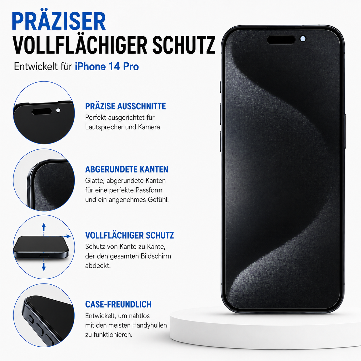 iPhone 14 Pro Displayschutzfolie mit präzisen Ausschnitten und abgerundeten Kanten.