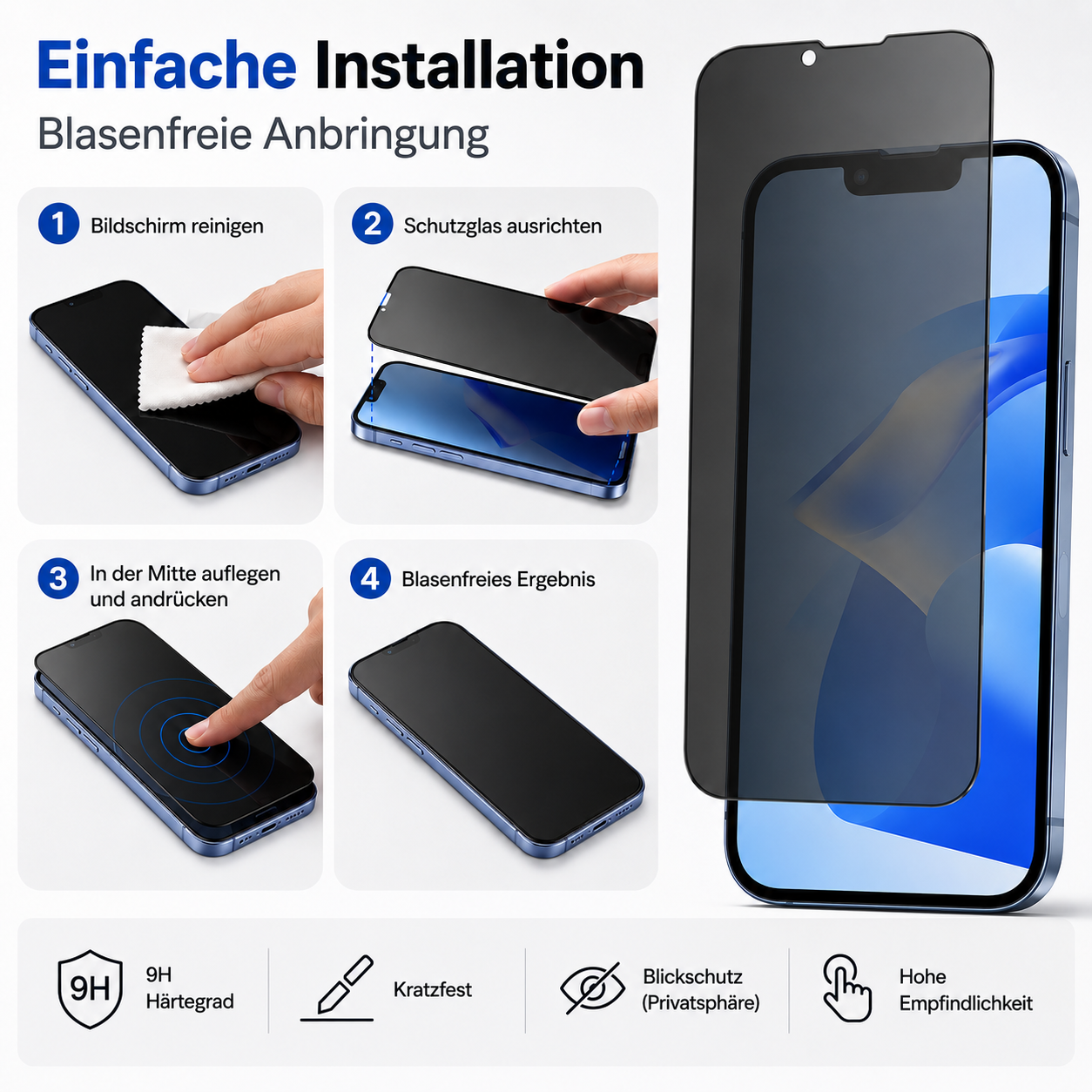 Illustration zeigt 4 Schritte zur einfachen Installation einer Displayschutzfolie auf einem iPhone.