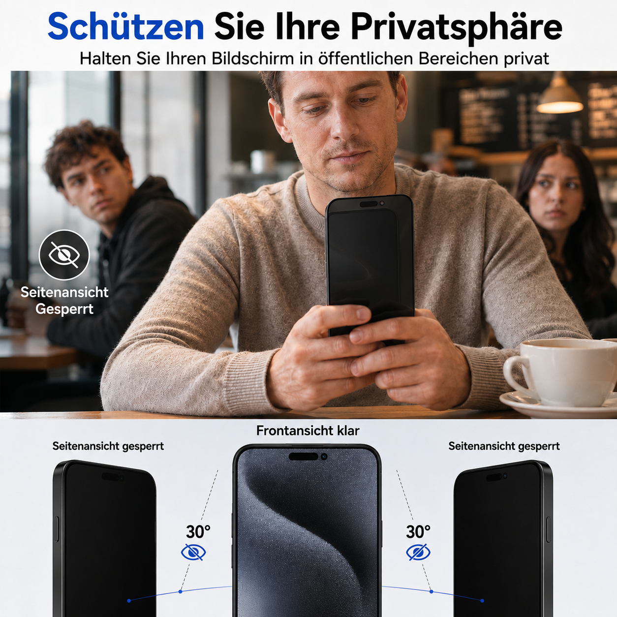 Mann hält Handy, zwei Personen im Hintergrund. Sichtschutz-Effekt wird gezeigt.