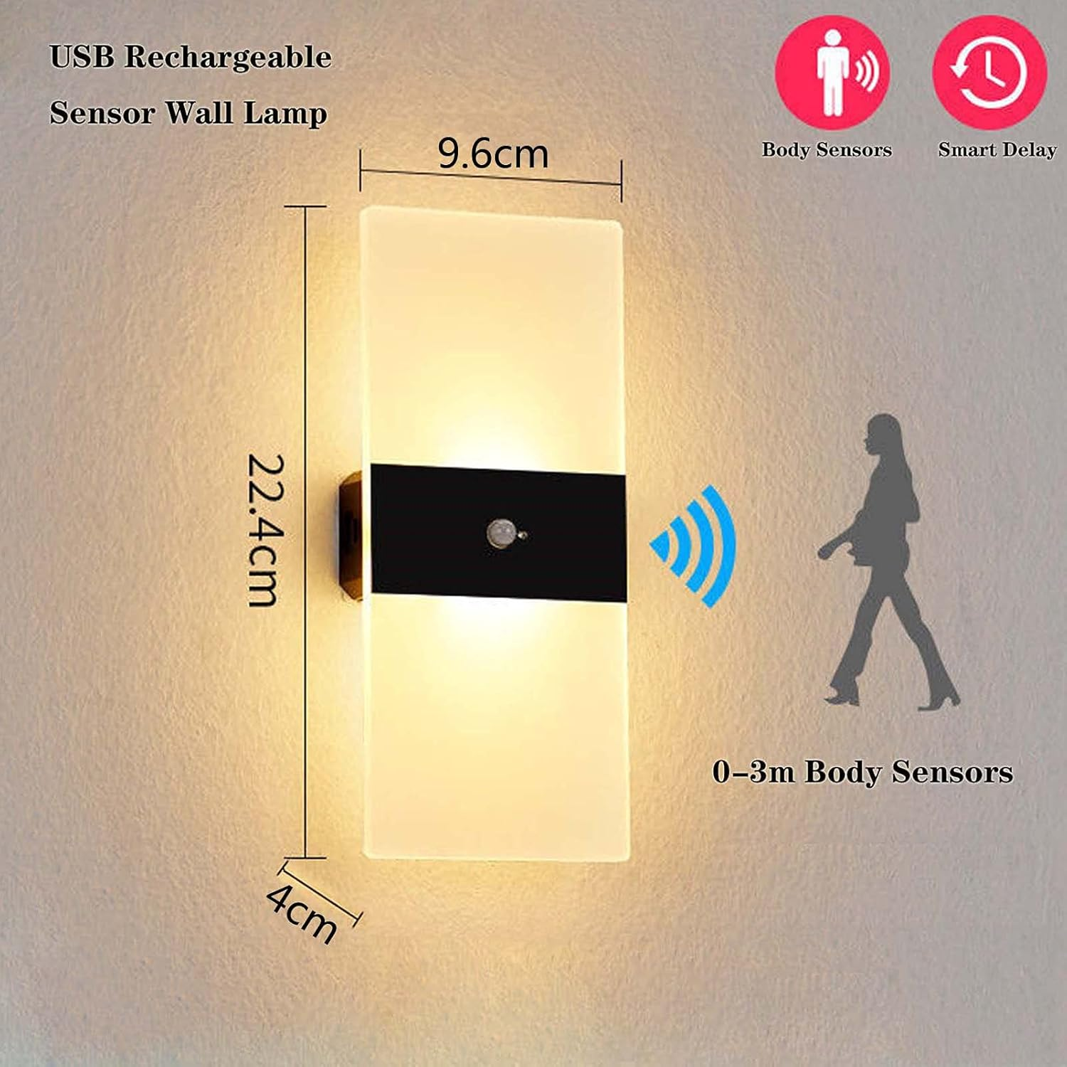 Eine USB-wiederaufladbare Sensor-Wandleuchte mit Maßen und Symbolen für Körpersensoren.
