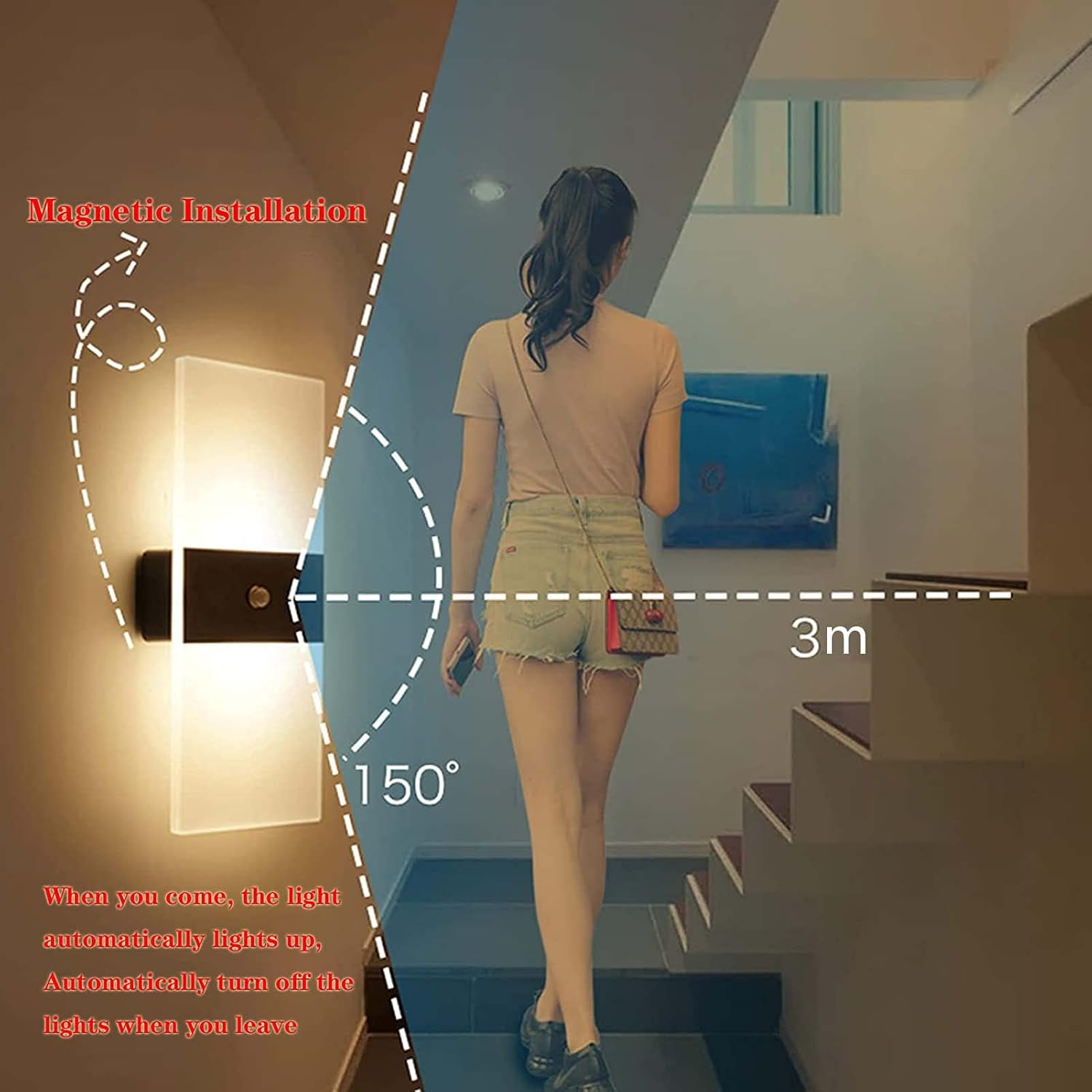 Eine Frau geht eine Treppe hinauf, eine Wandleuchte leuchtet.