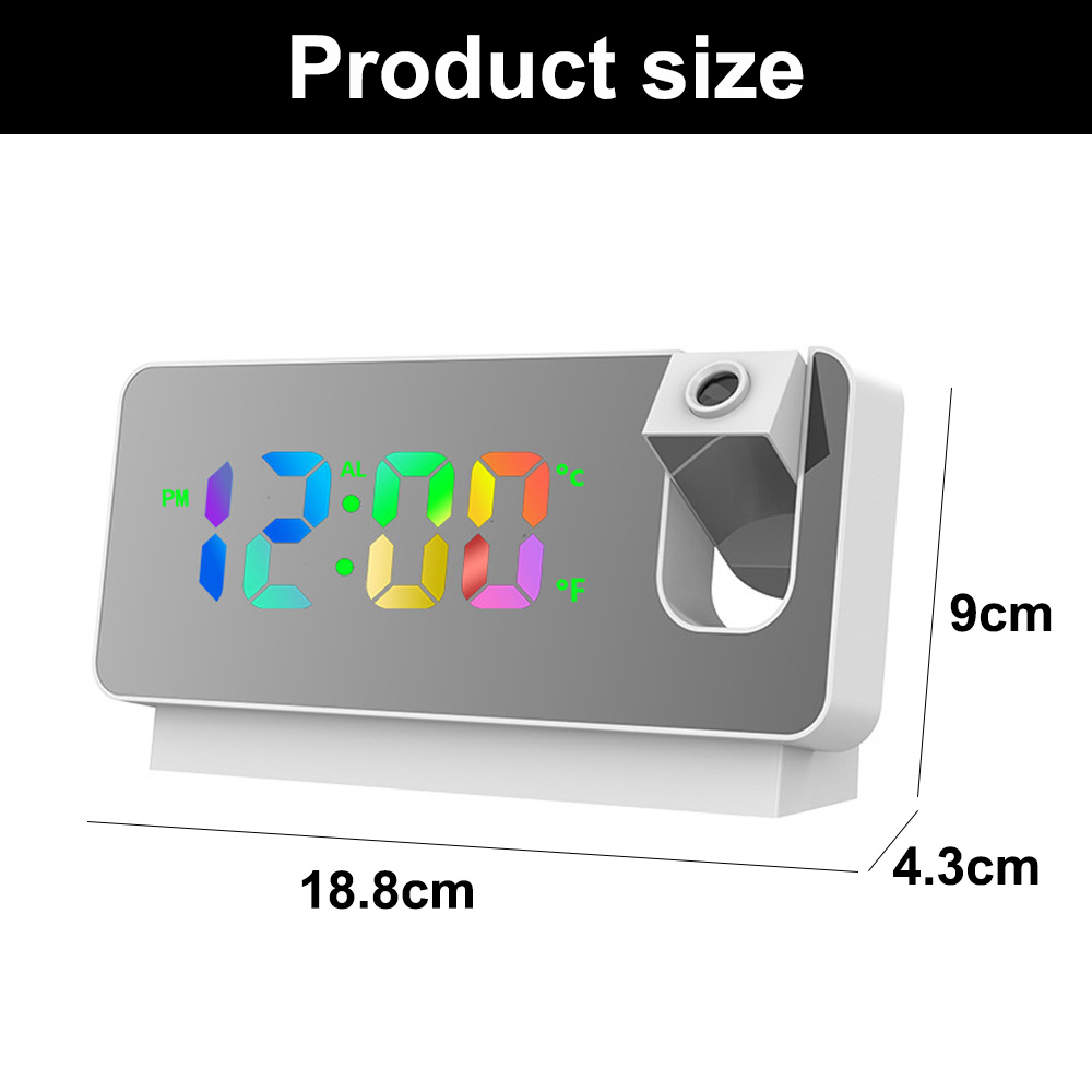 Digitaluhr mit farbigem Display, Maße 18.8x9x4.3cm.
