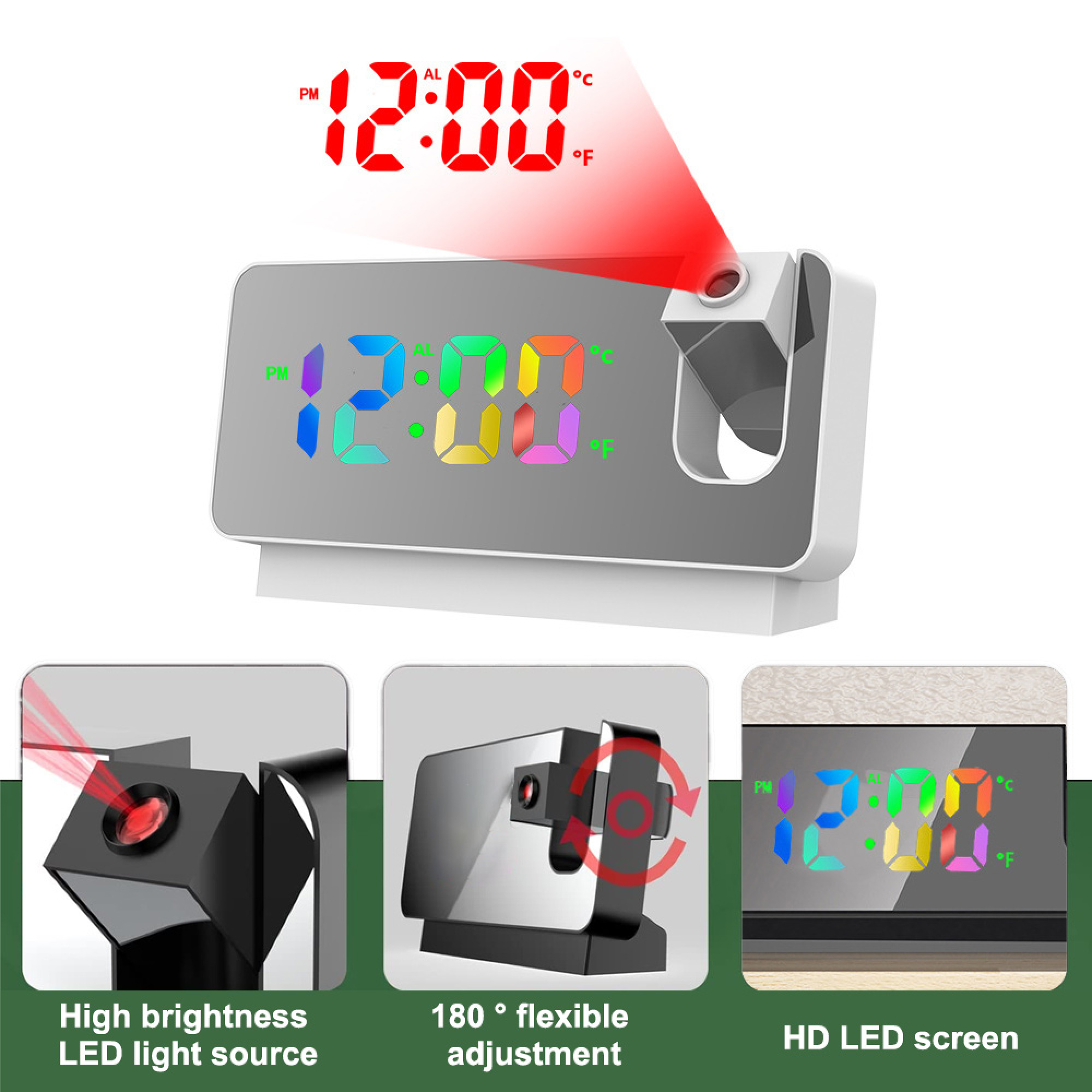 Projektionswecker zeigt 12:00 in bunten LEDs an, mit roten Lichtstrahl.