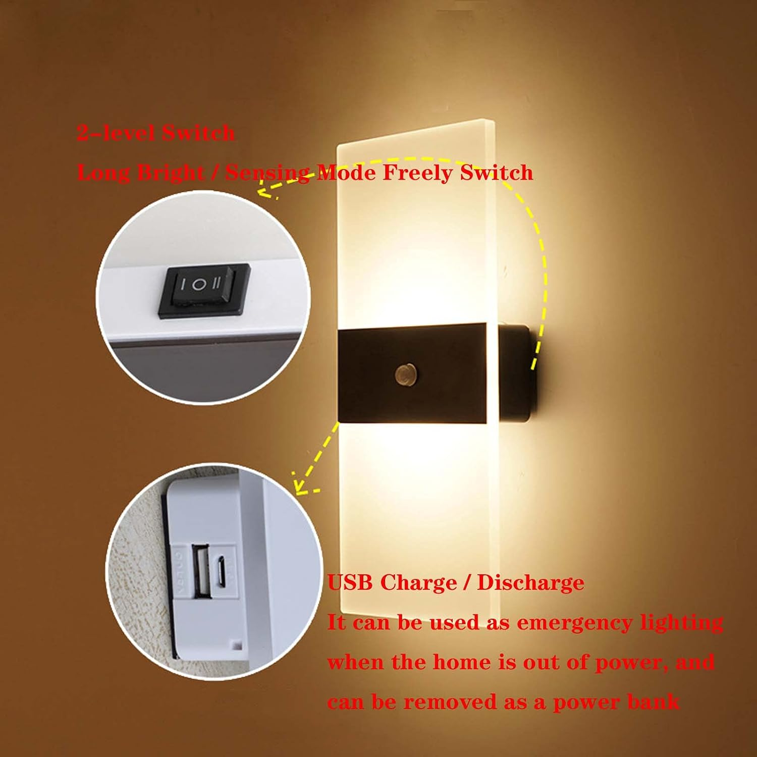 Wandleuchte mit USB-Anschluss, Schalter und Notbeleuchtungsfunktion.