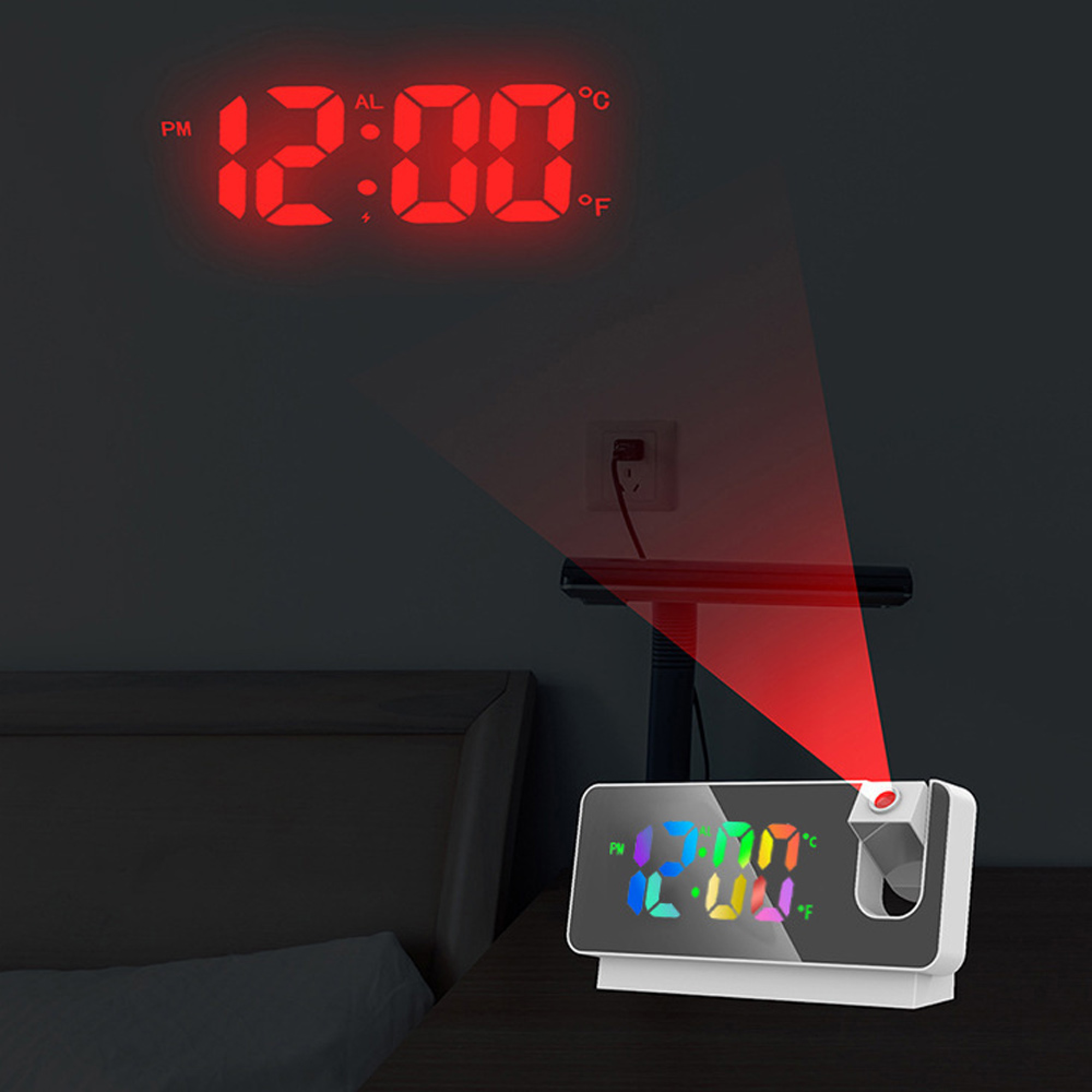 Ein digitaler Wecker projiziert die Uhrzeit 12:00 rot an eine dunkle Wand.