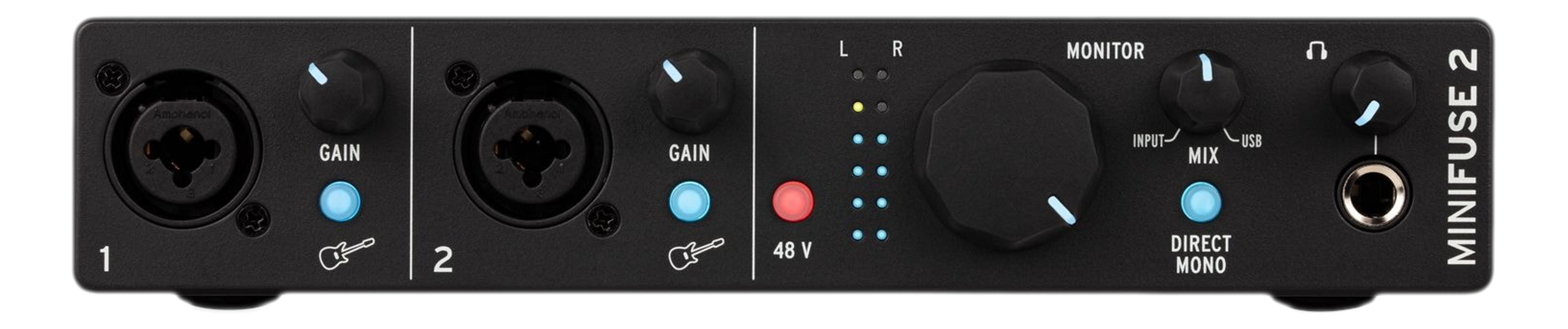 Schwarzer Audio-Interface mit zwei XLR/Klinken-Eingängen, Knöpfen und LEDs.
