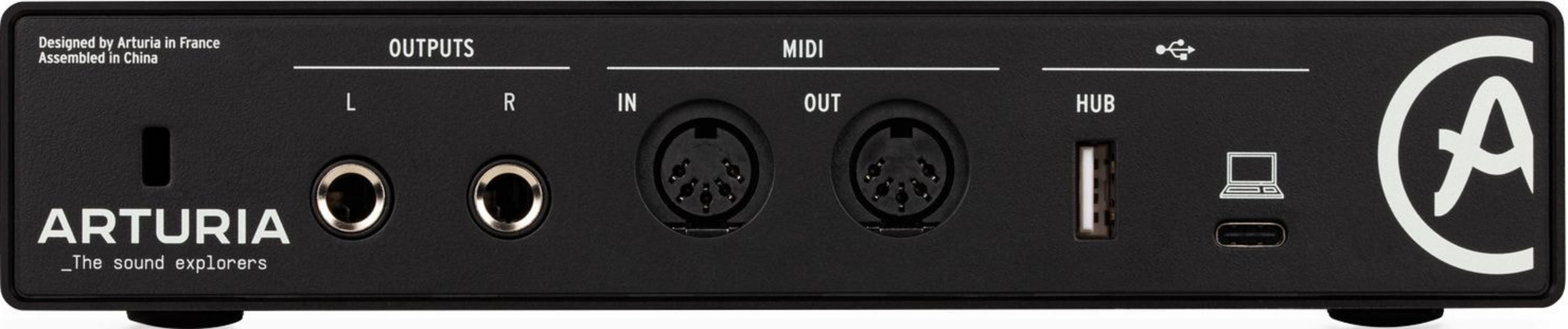 Rückseite eines schwarzen Geräts mit Anschlüssen: Audio, MIDI, USB und Computer.