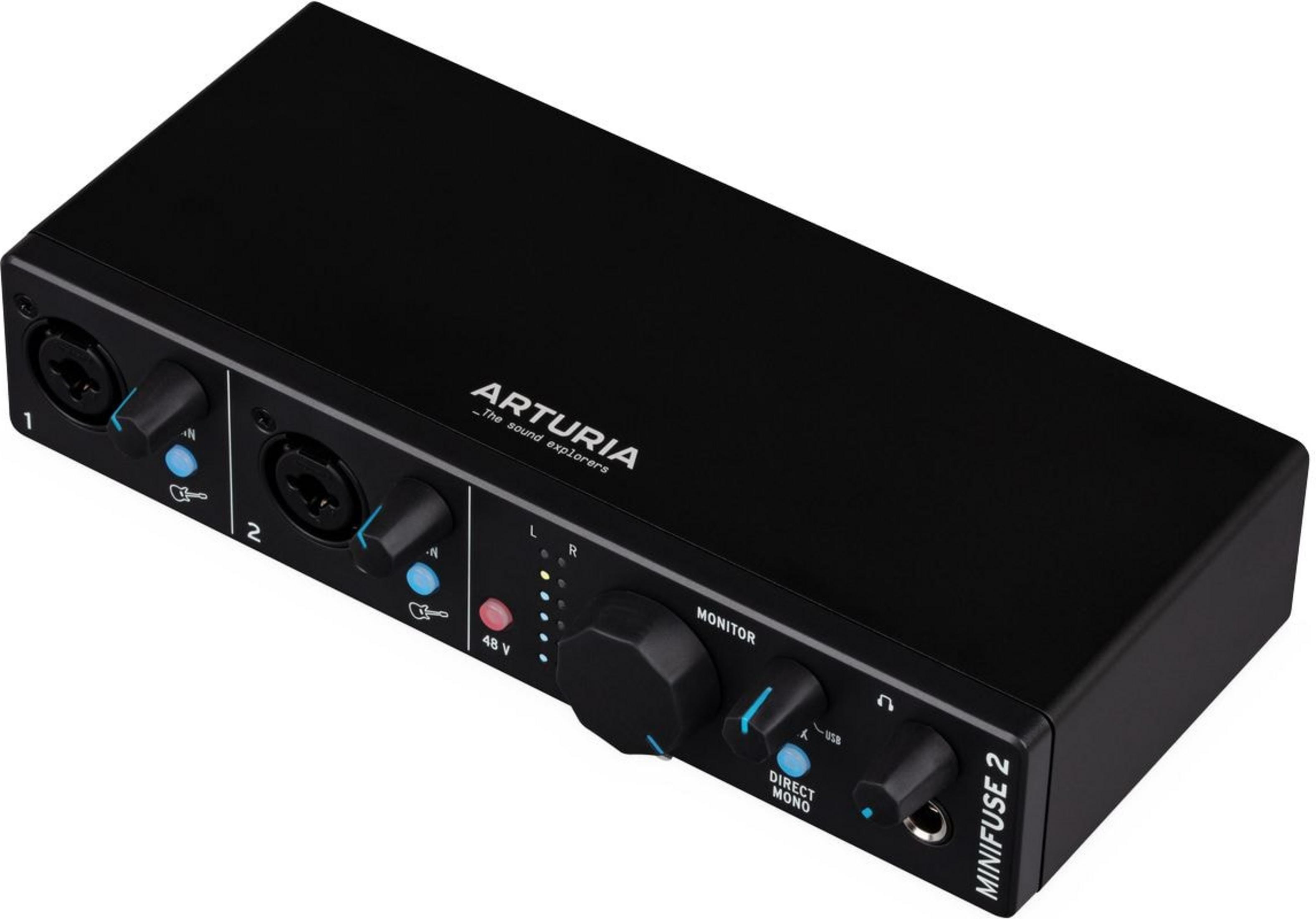 Schwarzes Arturia Minifuse 2 Audio-Interface mit Reglern und Anschlüssen.