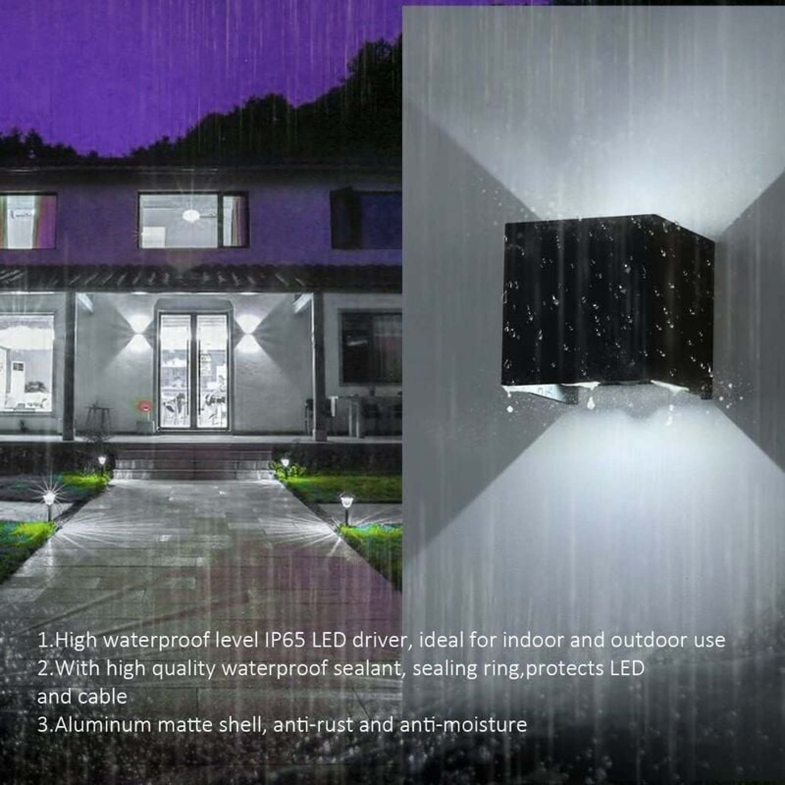 Schwarze Wandleuchte mit Regen, Haus und Gartenweg bei Nacht.